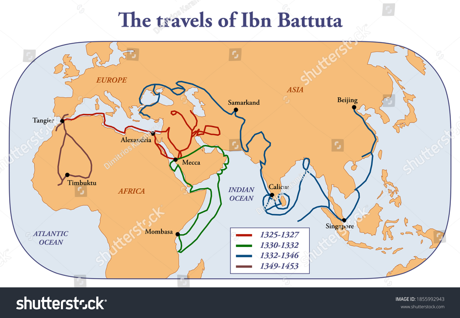 820 Ibn Battuta Shutterstock   Stock Photo Map Of The Travels Of Scholar And Explorer Ibn Battuta 1855992943 