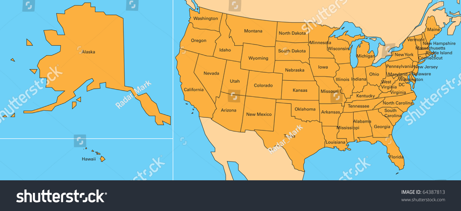 Map United States Including Alaska Hawaii Stock Illustration 64387813