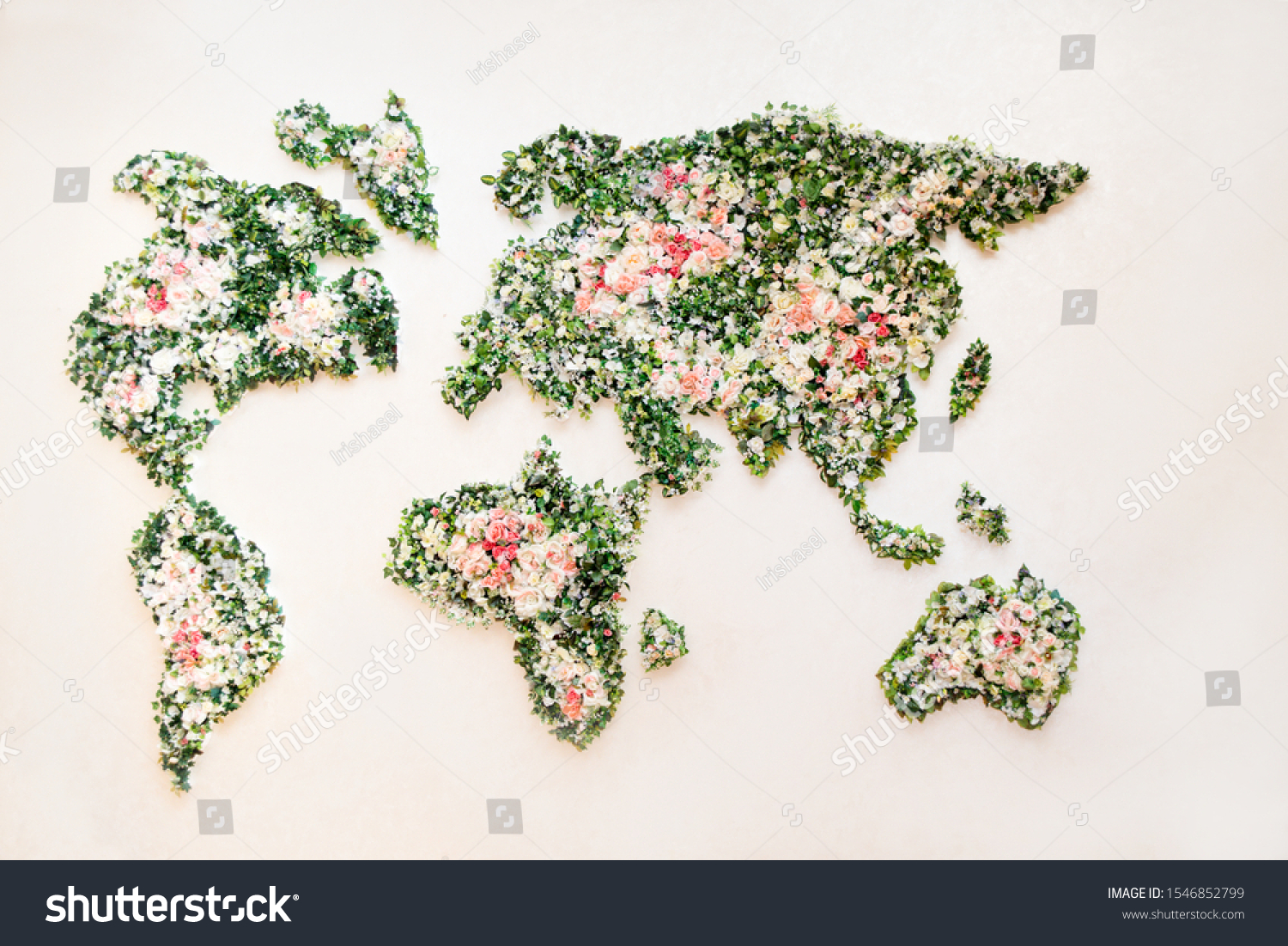 Stock Photo Map Of World Made From Different Kinds Of Flowers World Map On A White Wall In The Interior Made 1546852799 