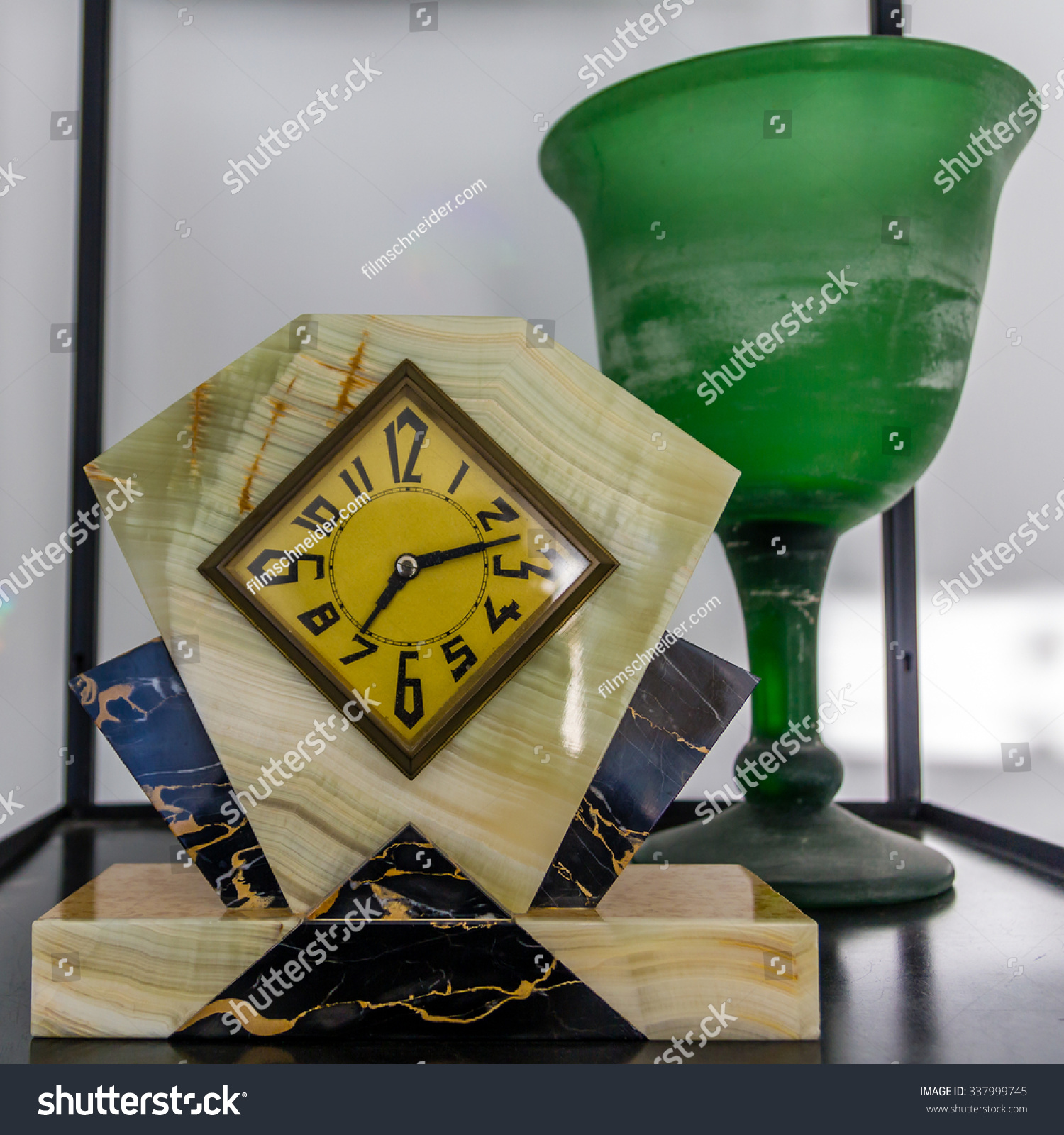 Marble Art Deco Fireplace Clock Green Vintage Technology Stock