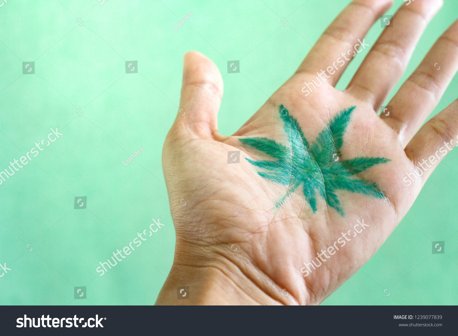 Marijuana Tattoo On Blurred Palm Hand Stok Fotografi Simdi Duzenle 1239077839