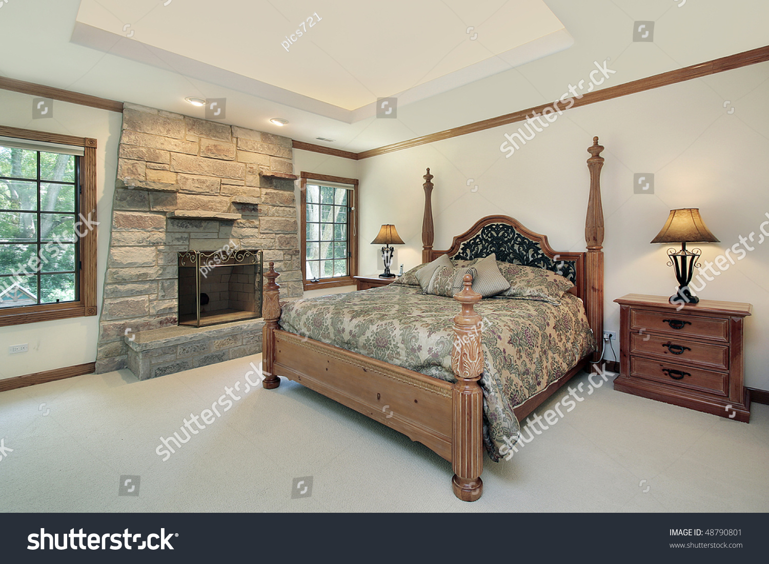 Master Bedroom Luxury Home Stone Fireplace Stock Photo Edit