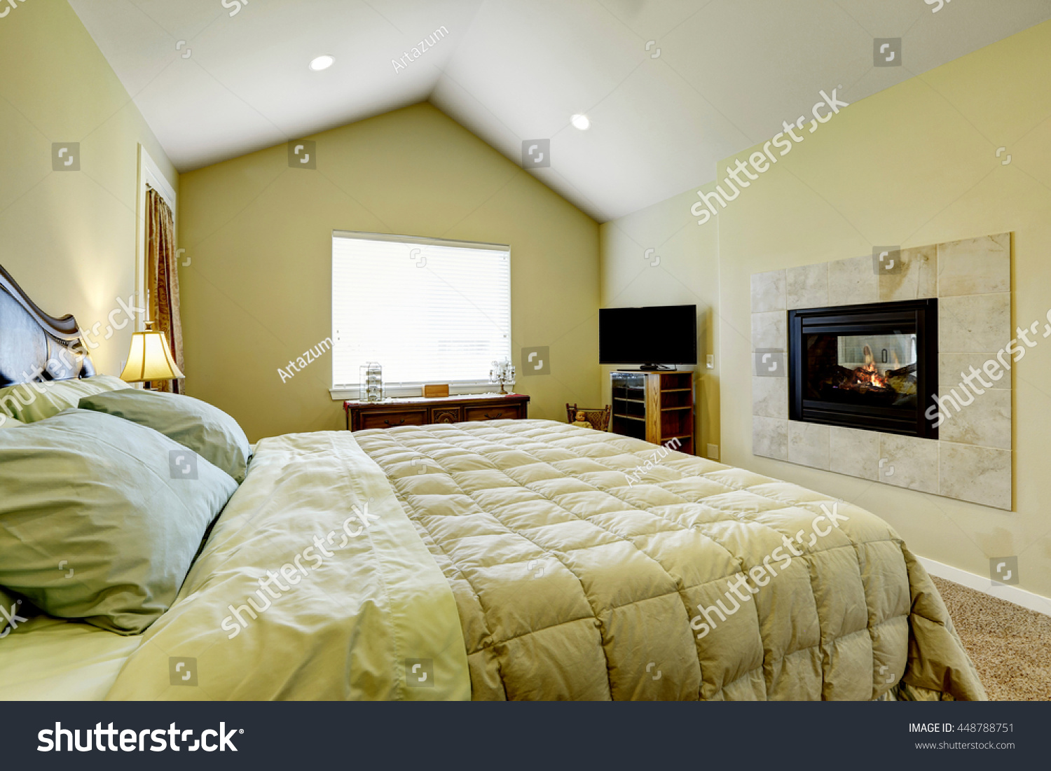 Master Bedroom Built Fireplace Vaulted Ceiling Stock Photo