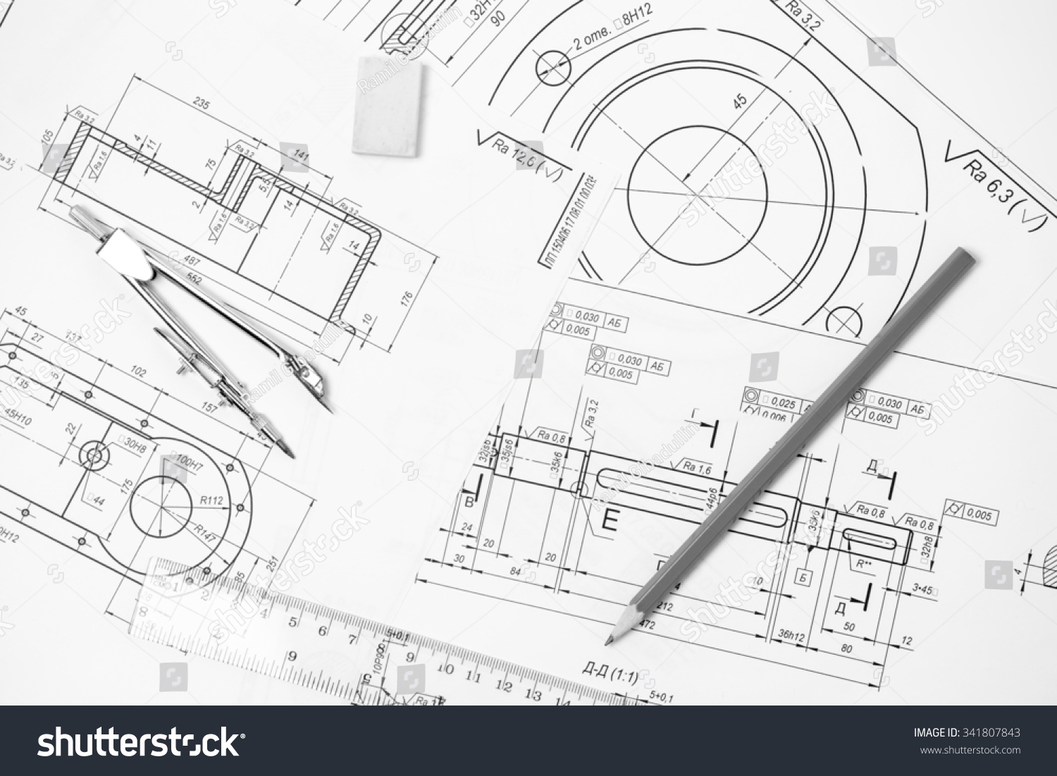 Measuring Drawing Instruments Drawings On Table Stock Photo 341807843 ...