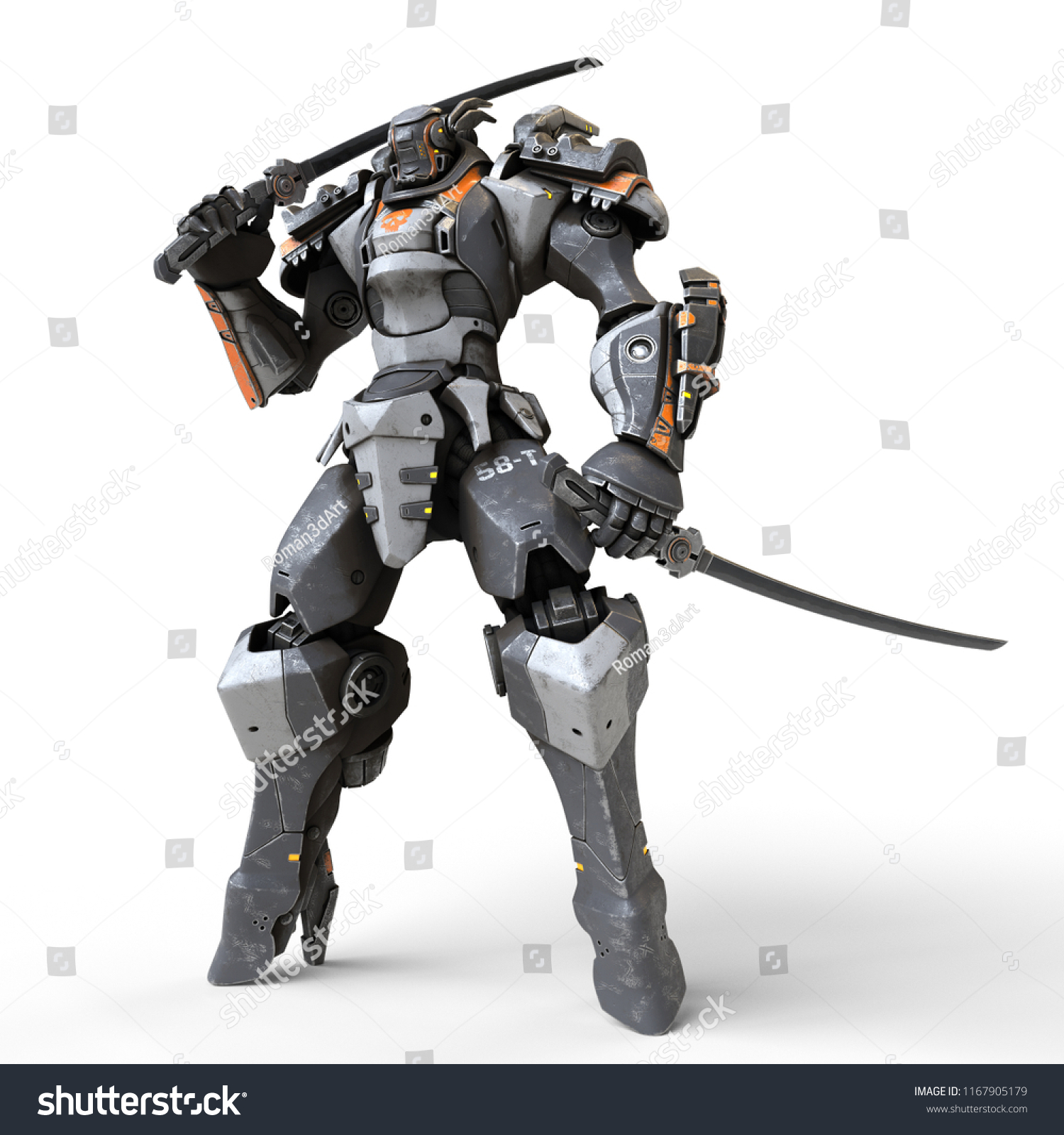 Mech Samurai Warrior Standing And Holding Two Swords Robot With A