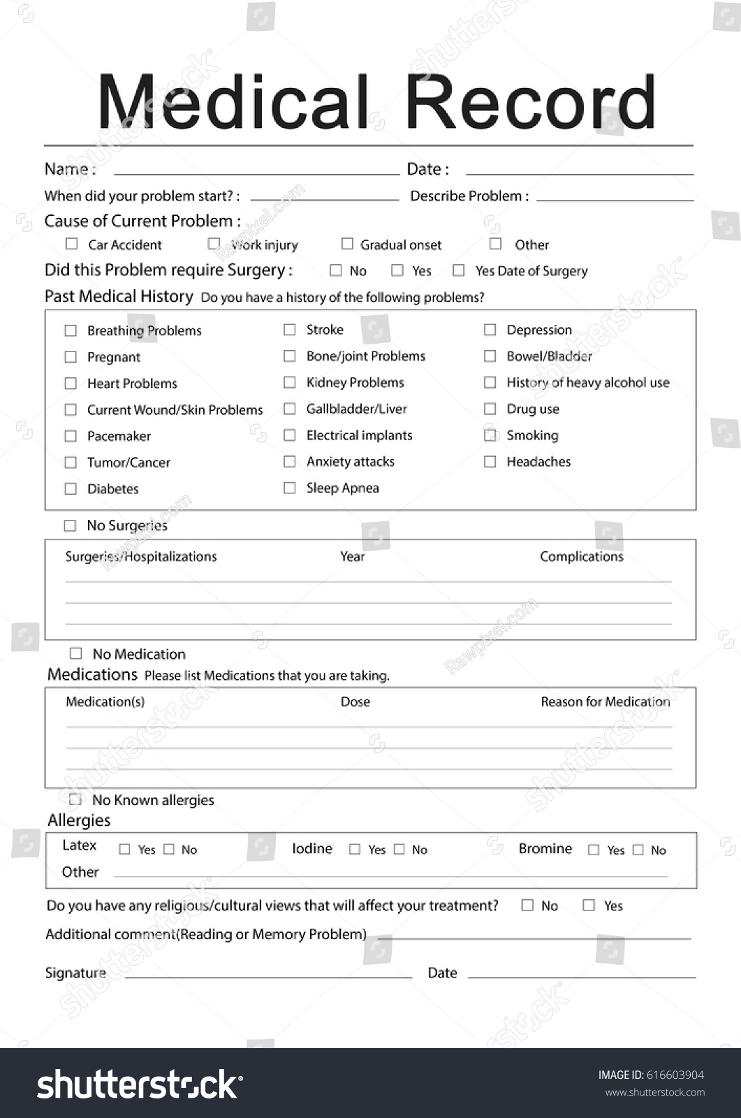 Medical Patient Report Form Record History Stock Illustration In Medical History Template Word