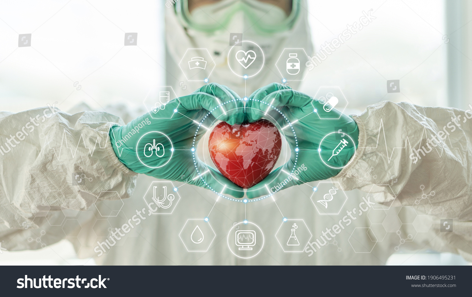 Medical technology, global health tech and world heart health day concept with cardiologist doctor in ppe for covid-19 protection in hospital cardiac cath lab for coronary laboratory science research