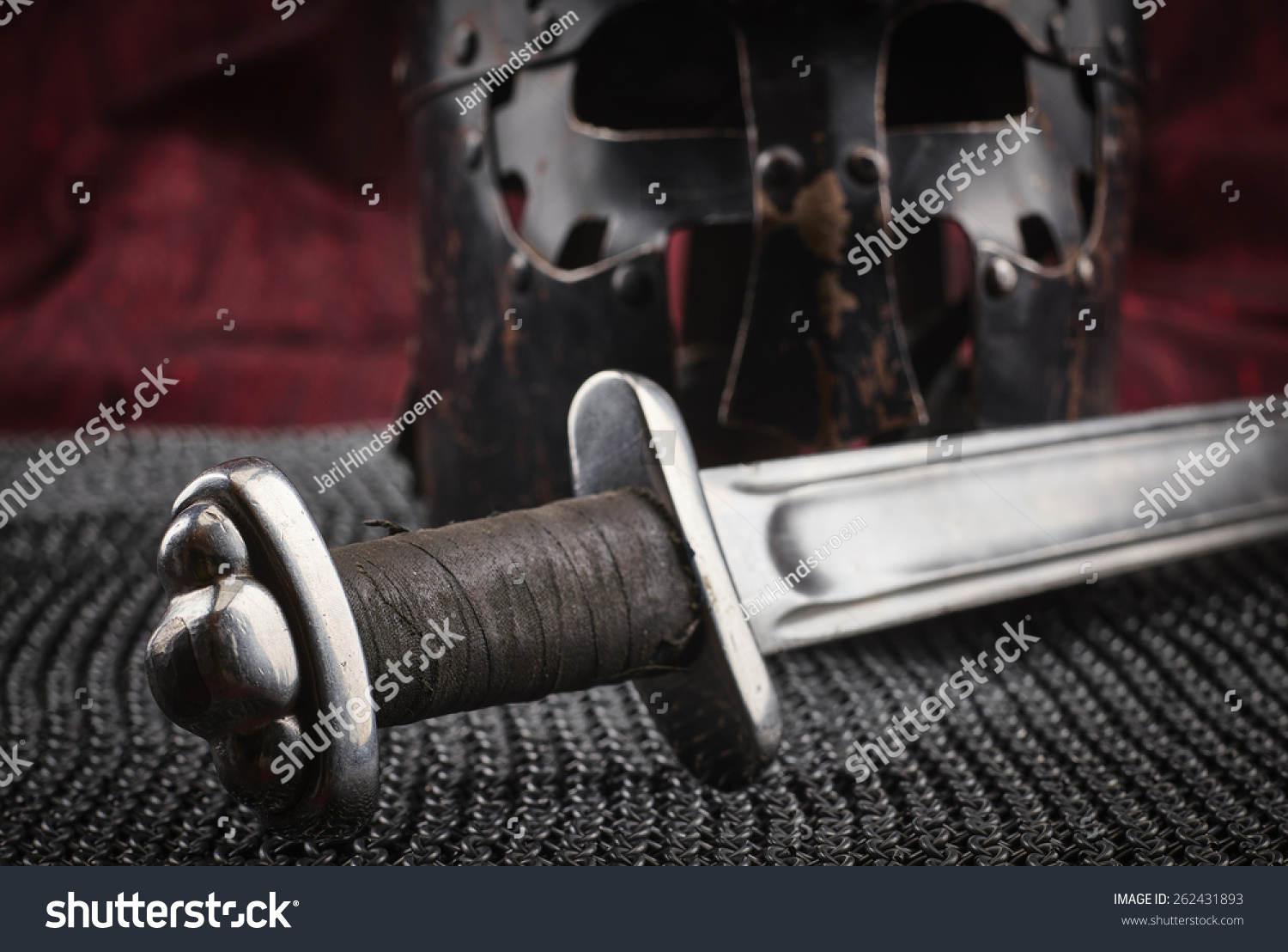 Medieval Armour Helmet Sword Red Canvas Stock Photo (Edit Now) 262431893