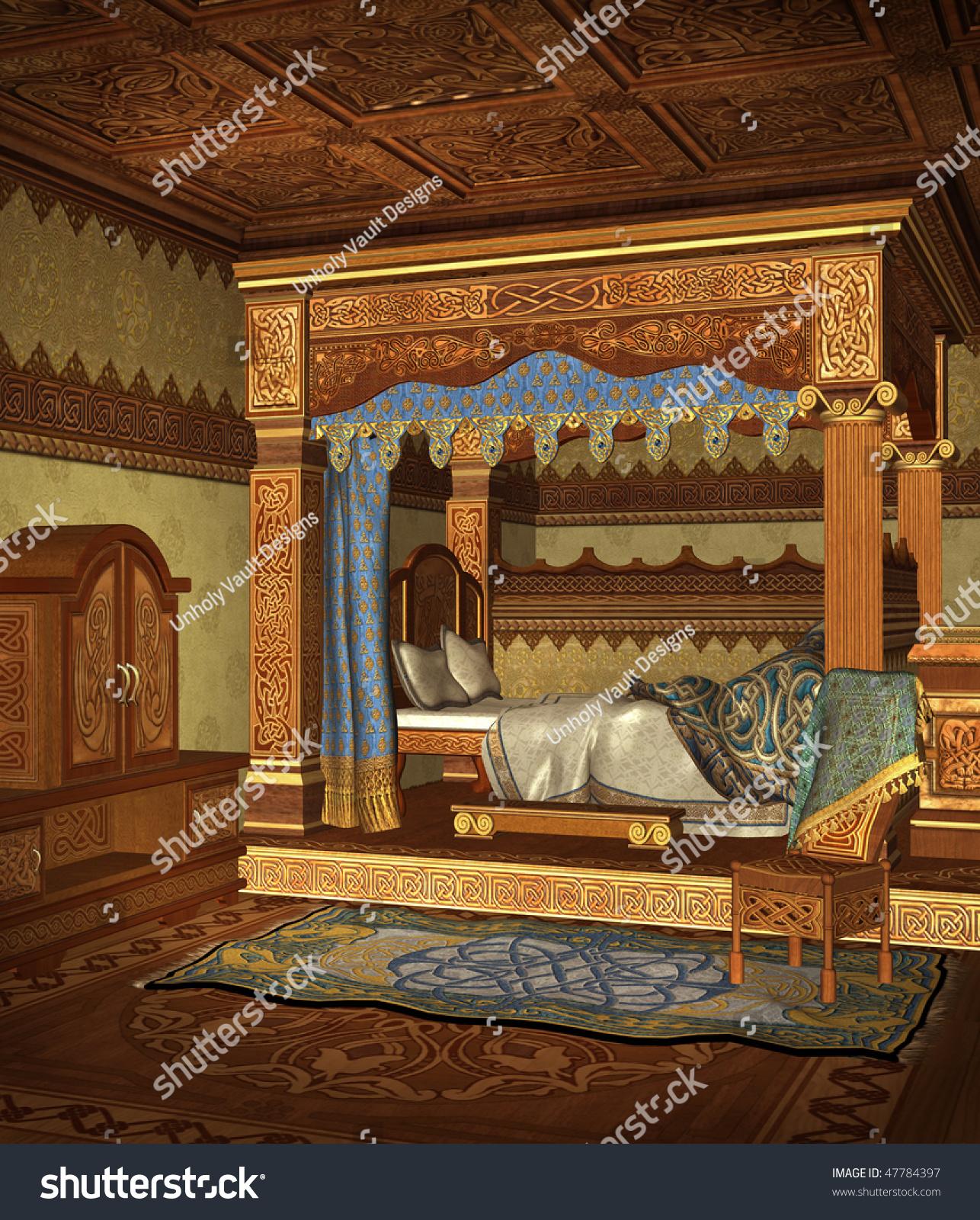 Medieval Bed Chamber Cupboard Chair Stockillustration 47784397