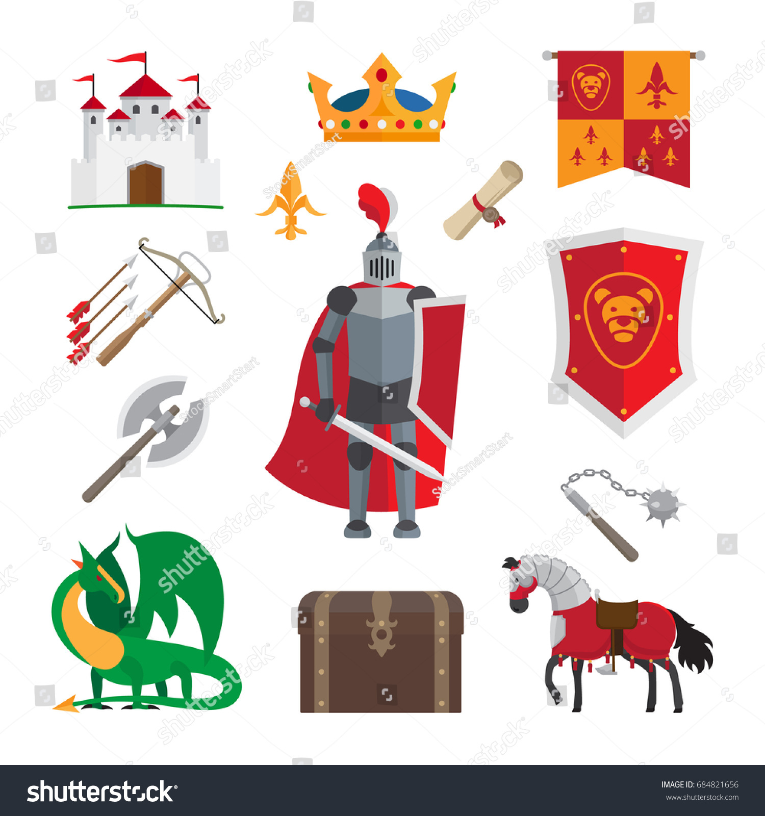 Medieval Kingdom Icons Knight Castle Dragon Stock Illustration