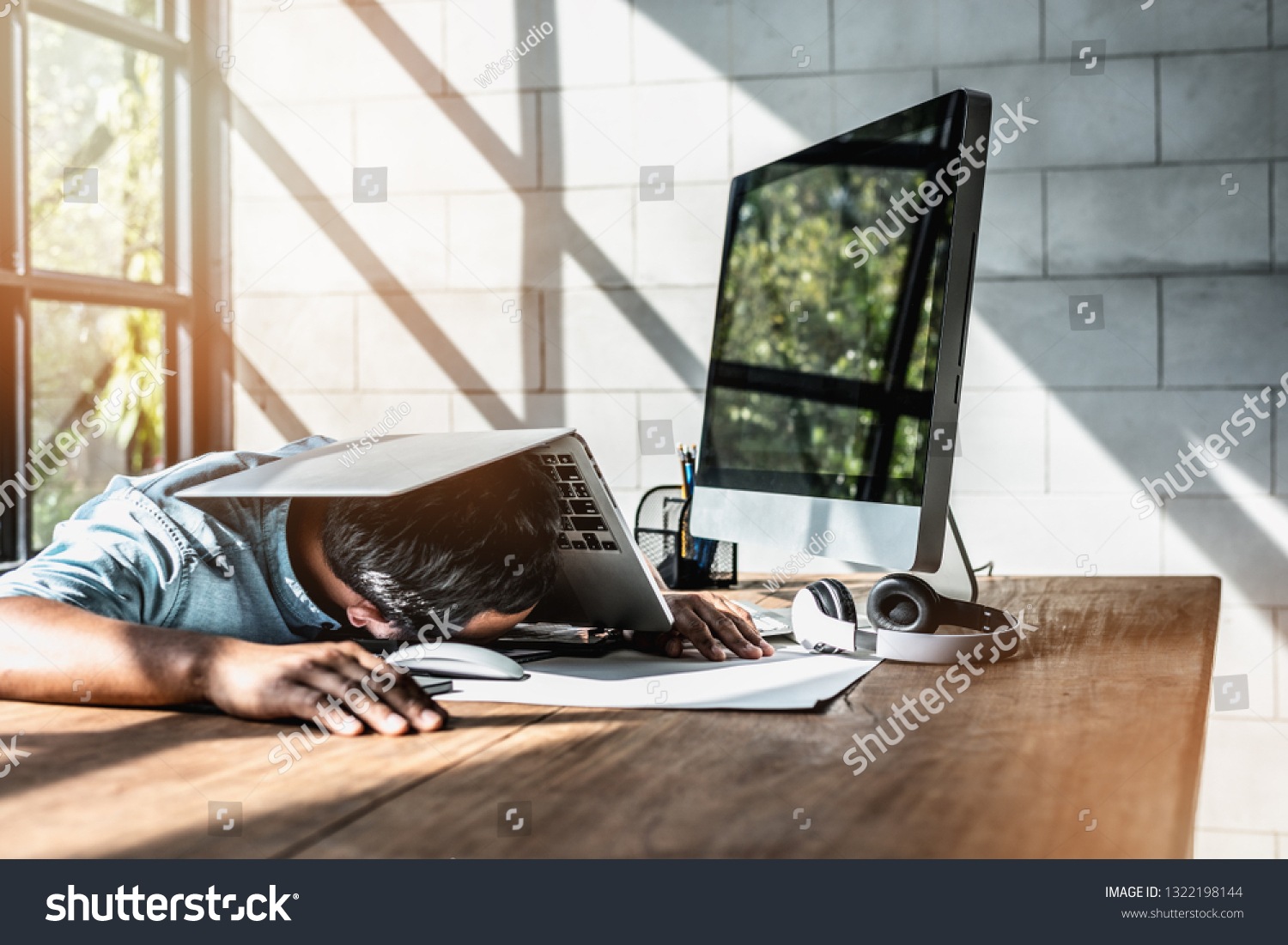 Men Fall Asleep Front Desk Computer Stock Photo Edit Now 1322198144