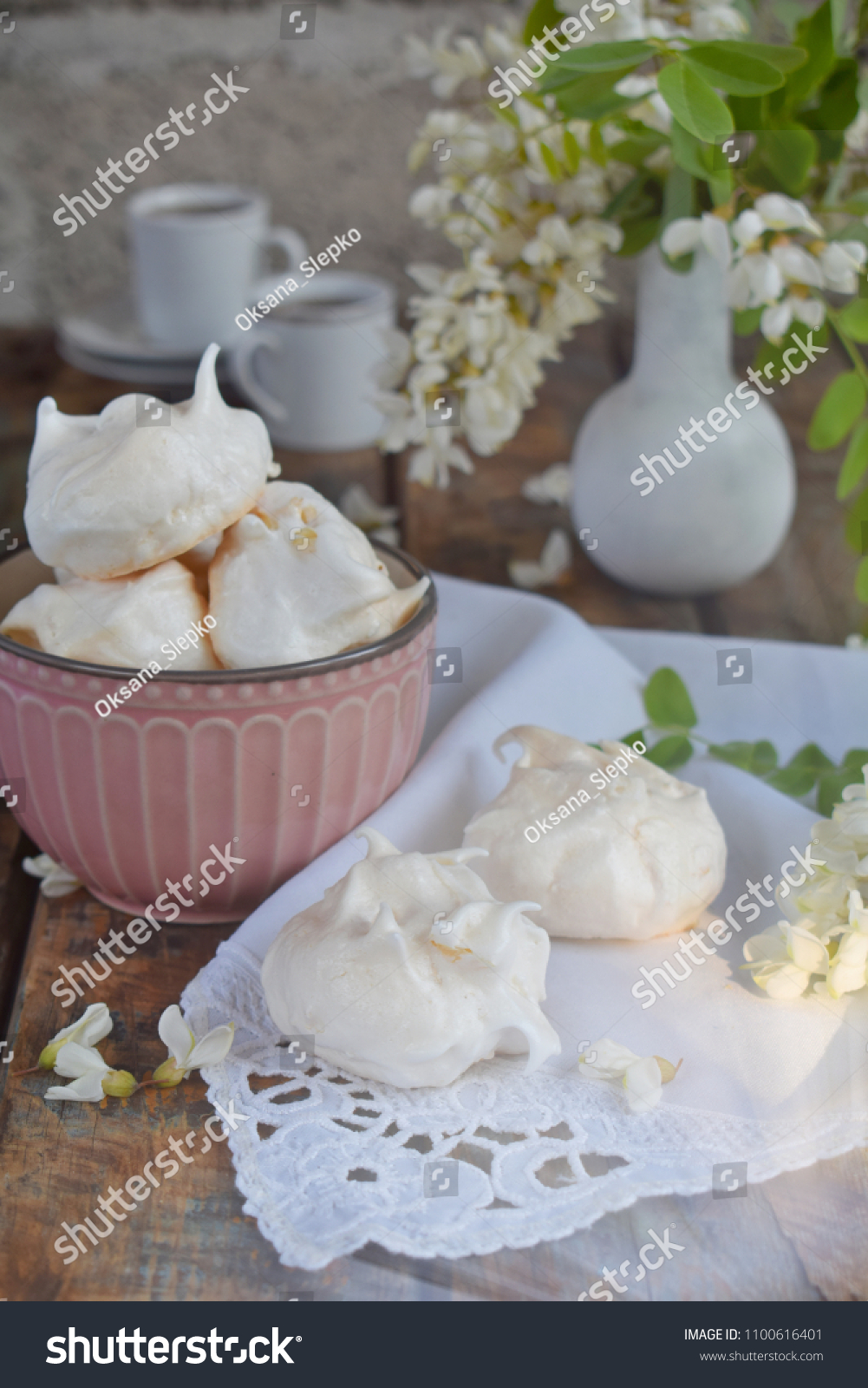 stock photo meringues cookies and cup of coffee homemade meringue kisses drops with acacia flowers vintage 1100616401 Домострой
