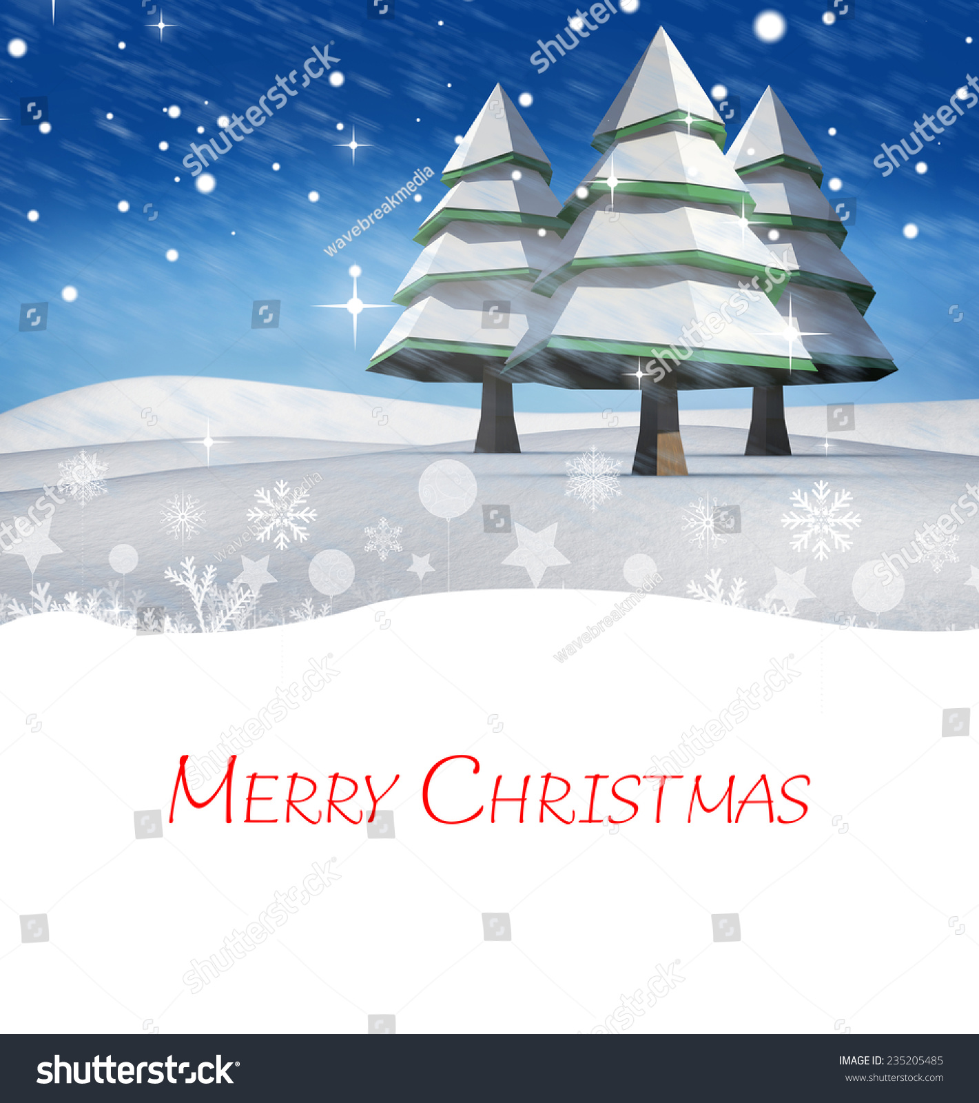 Merry Christmas Against Snowy Landscape With Fir Trees Stock Photo