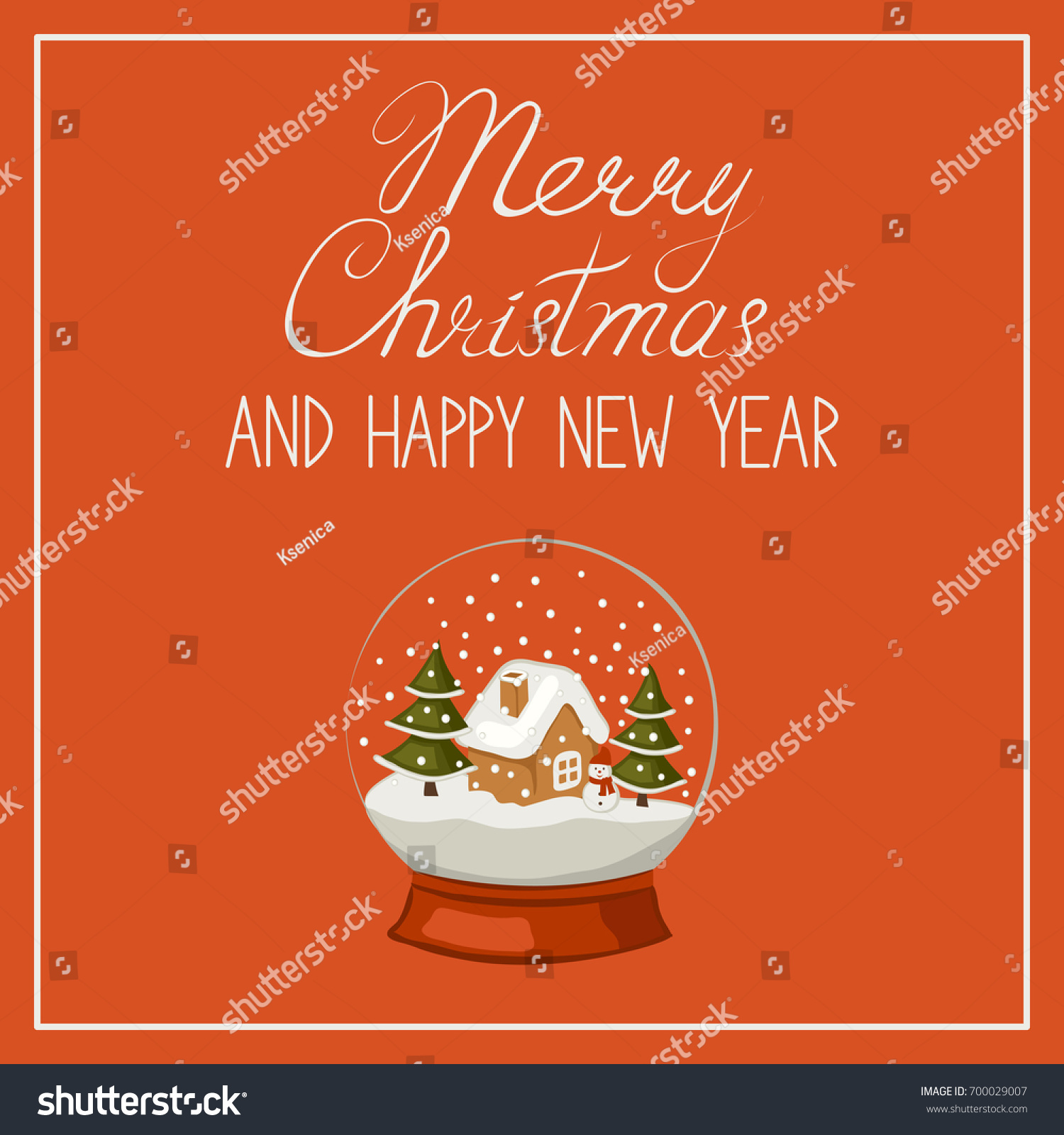 Merry Christmas and happy new year banner greeting card Calligraphic text and a snow globe