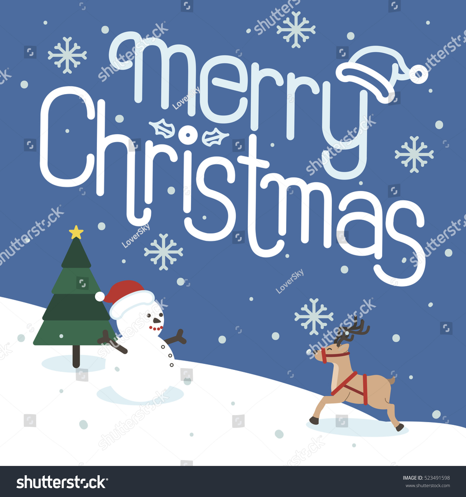 Merry Christmas and Happy New Year Christmas tree Snowman and reindeer