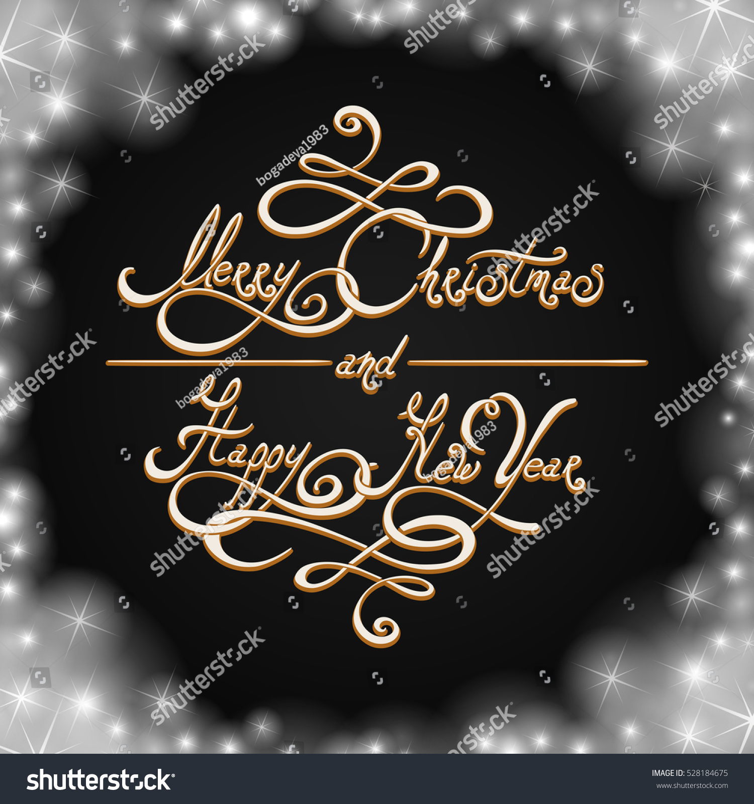 Merry Christmas And Happy New Year Emblem With Hand Written Lettering Against Black Background