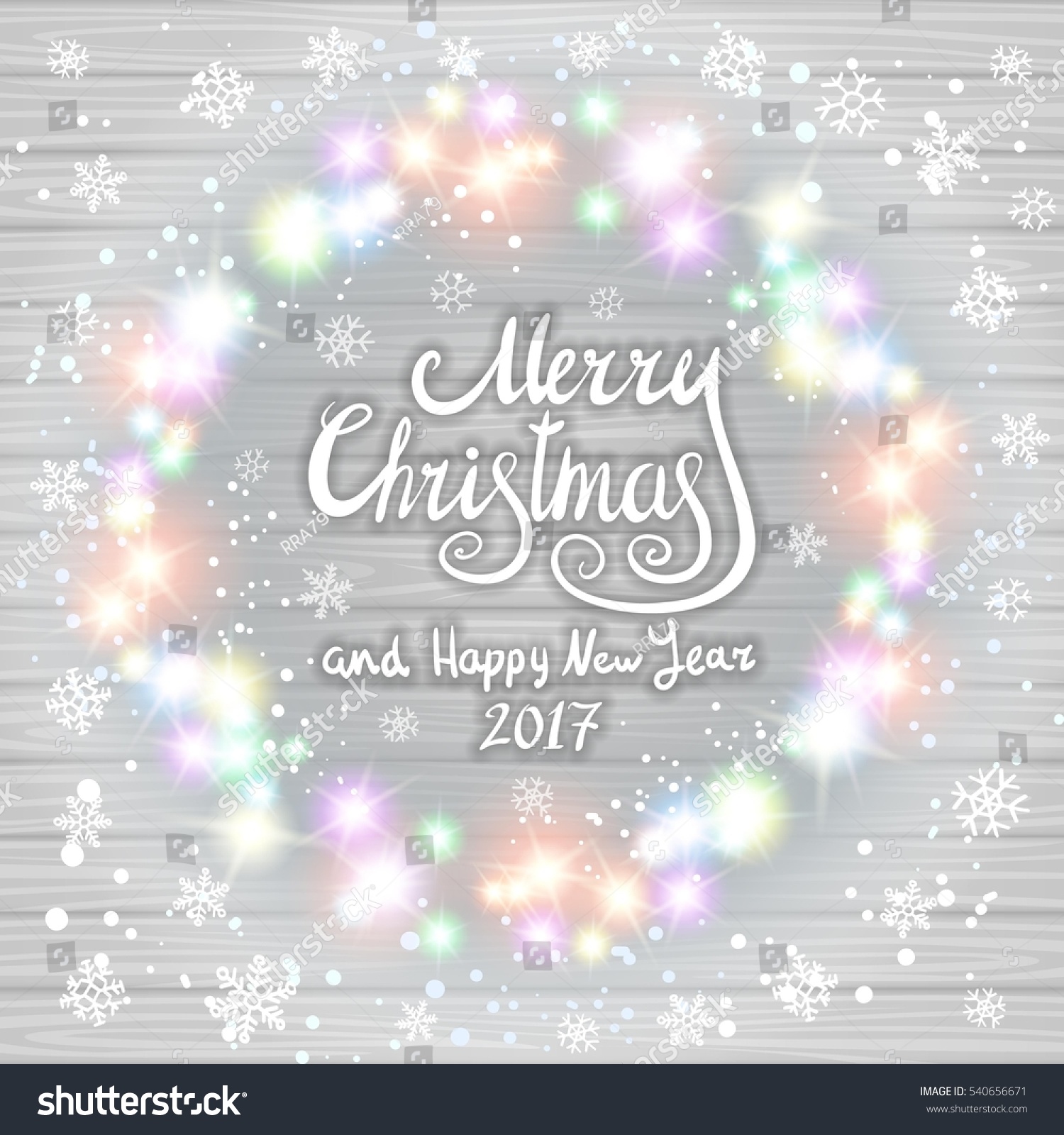 Merry Christmas And Happy New Year 2017. Glowing Wreath Made Of Led Lights On The White Wooden