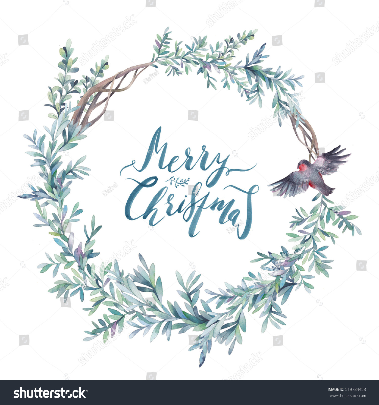 Merry Christmas Card Watercolor Winter Floral Stock 
