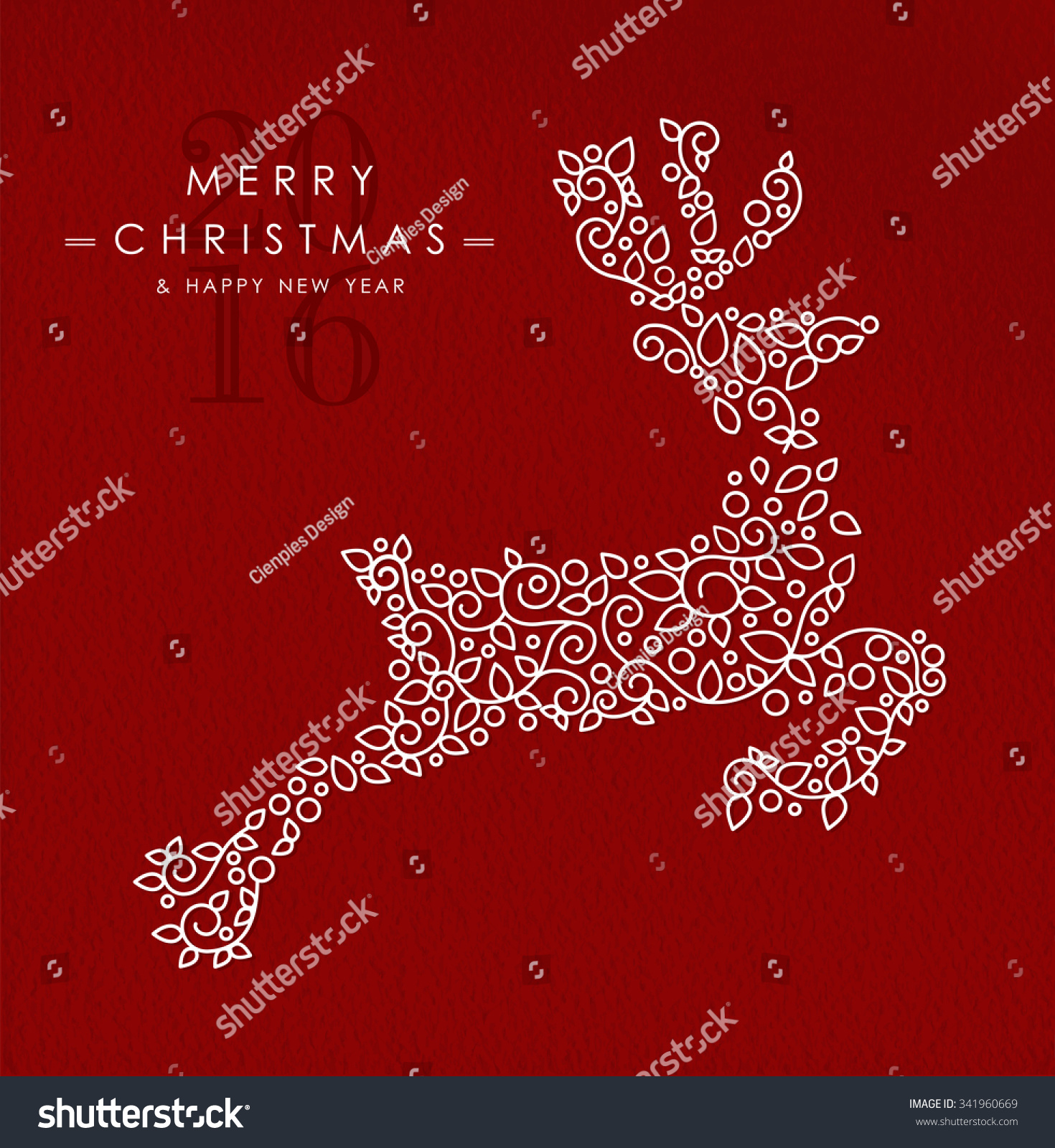 Merry Christmas Happy New Year 2016 greeting card background Linear reindeer jumping with monogram decoration
