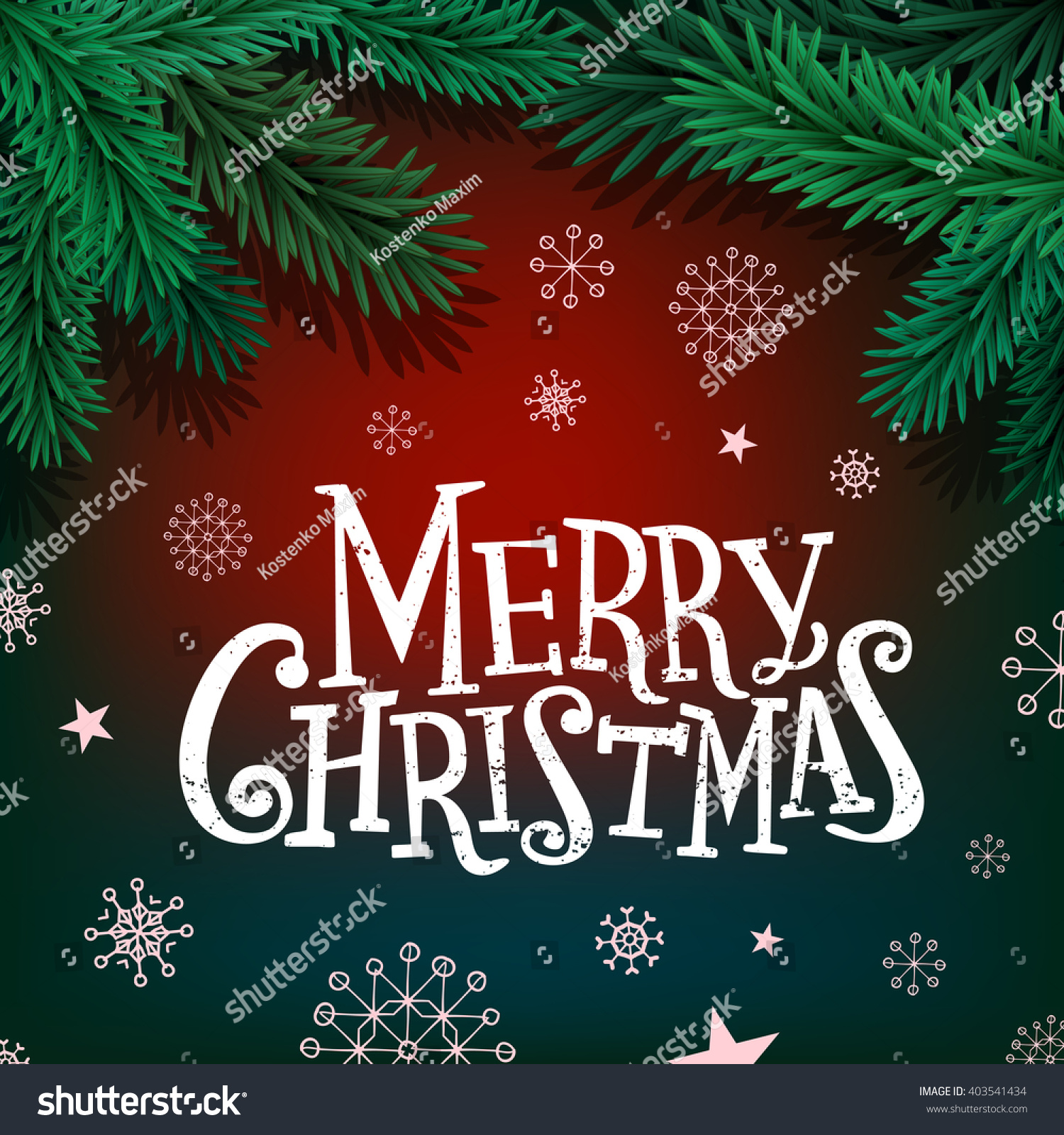 Merry Christmas Lettering On Background With Fir Branches And Balls. Stock Photo 403541434