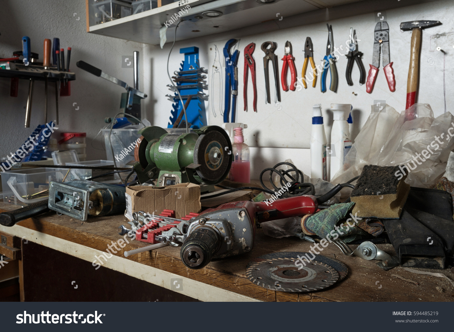 Messy Workshop Complete Chaos On Workbench Stock Photo 594485219