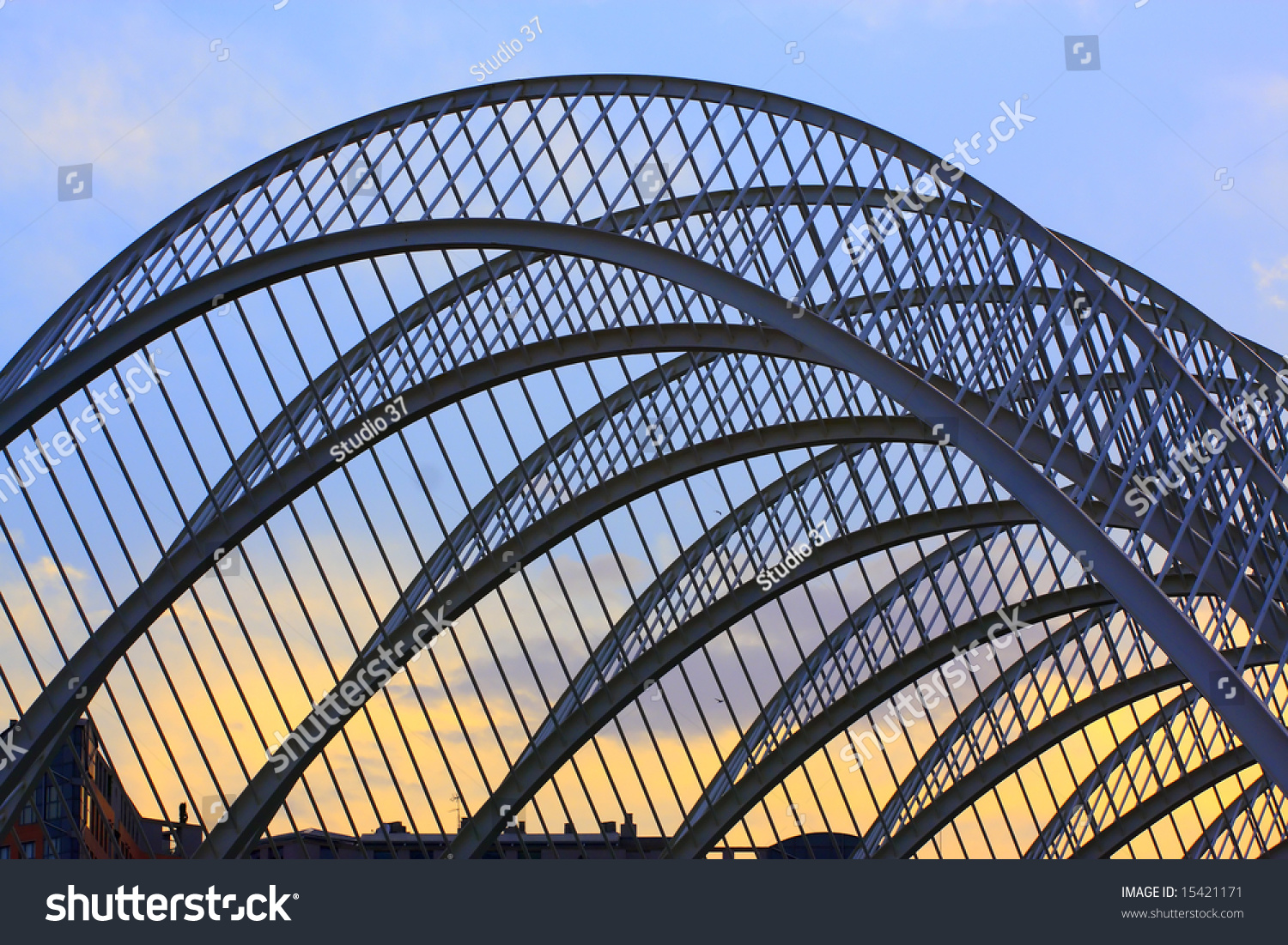 Metallic Arcade Structure  Projected On Sky Stock Photo 