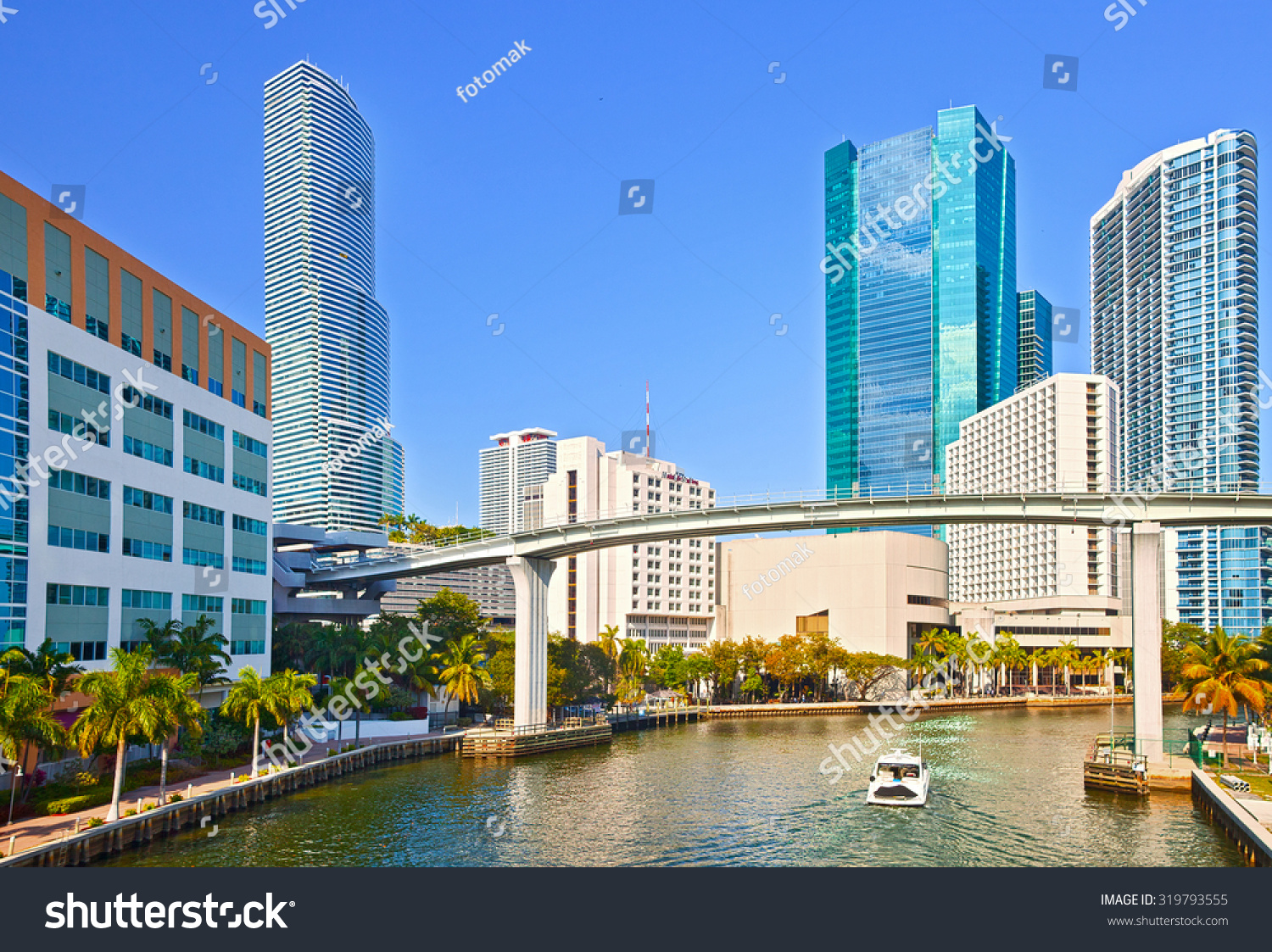 Miami Florida,Panorama Of River And Skyline Of Business Buildings In ...