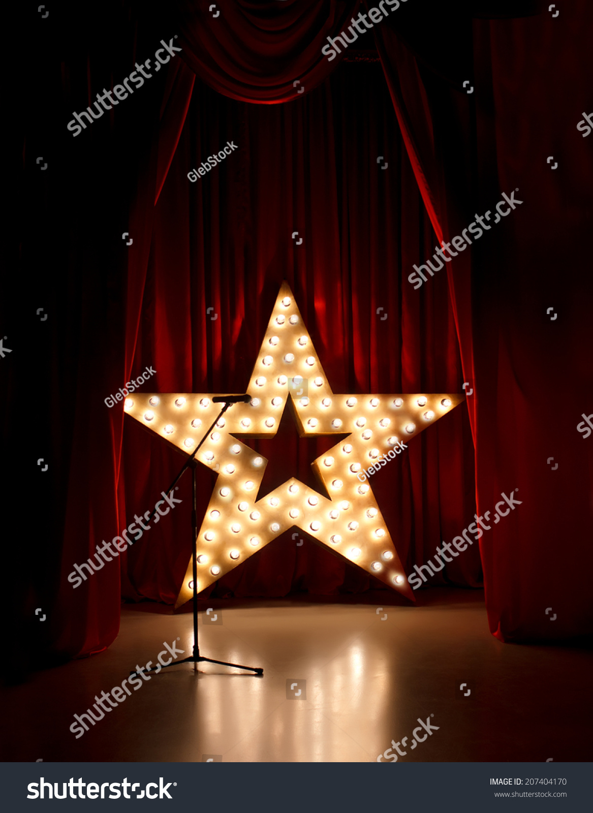 Microphone On Theater Stage,Golden Star With Red Curtains Around Stock ...