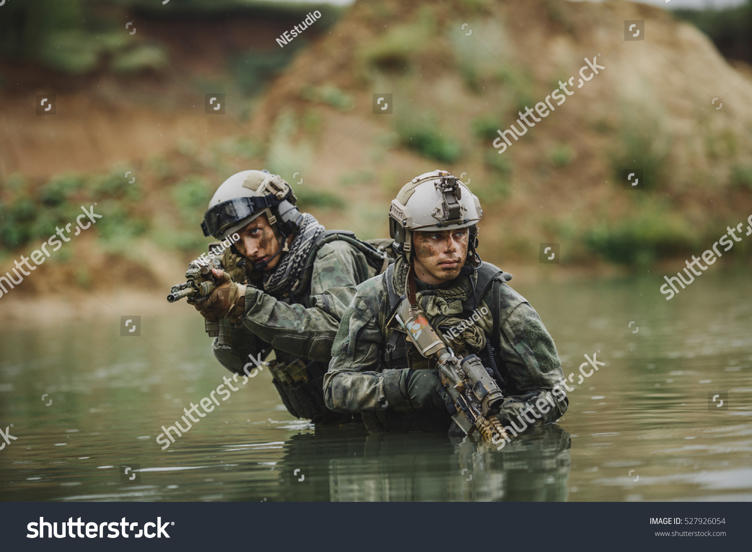 Military Squad Crossing River Under Fire Stock Photo 527926054 ...