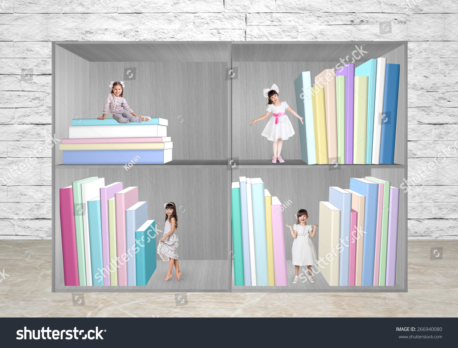 Miniatures Little Girls Standing Bookshelf Stock Photo Edit Now