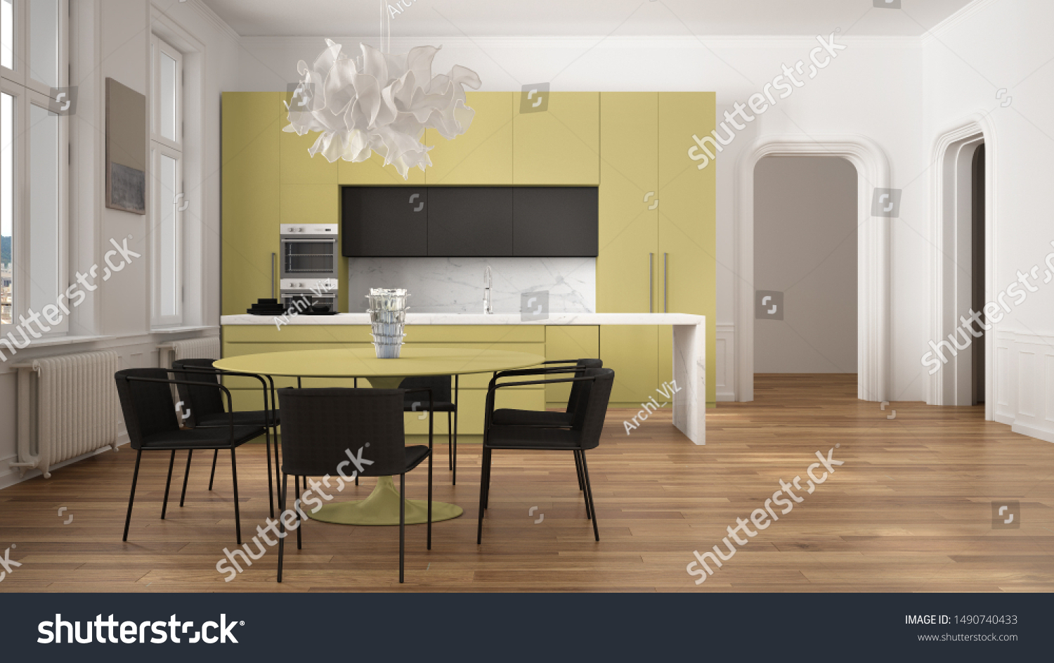 Minimalist Yellow Black Kitchen Classic Room Stock