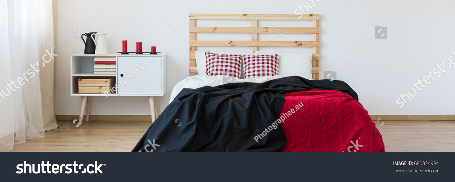 Minimalistic Modern Bedroom Black Red Accessories Stock