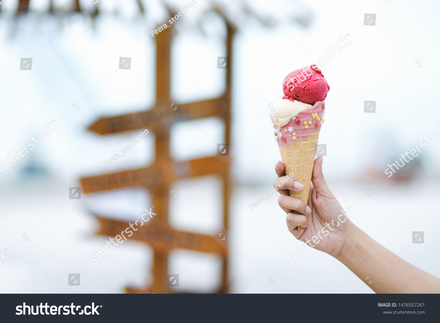 Mix Berry Vanilla Ice Cream Cone People Food And Drink Stock Image