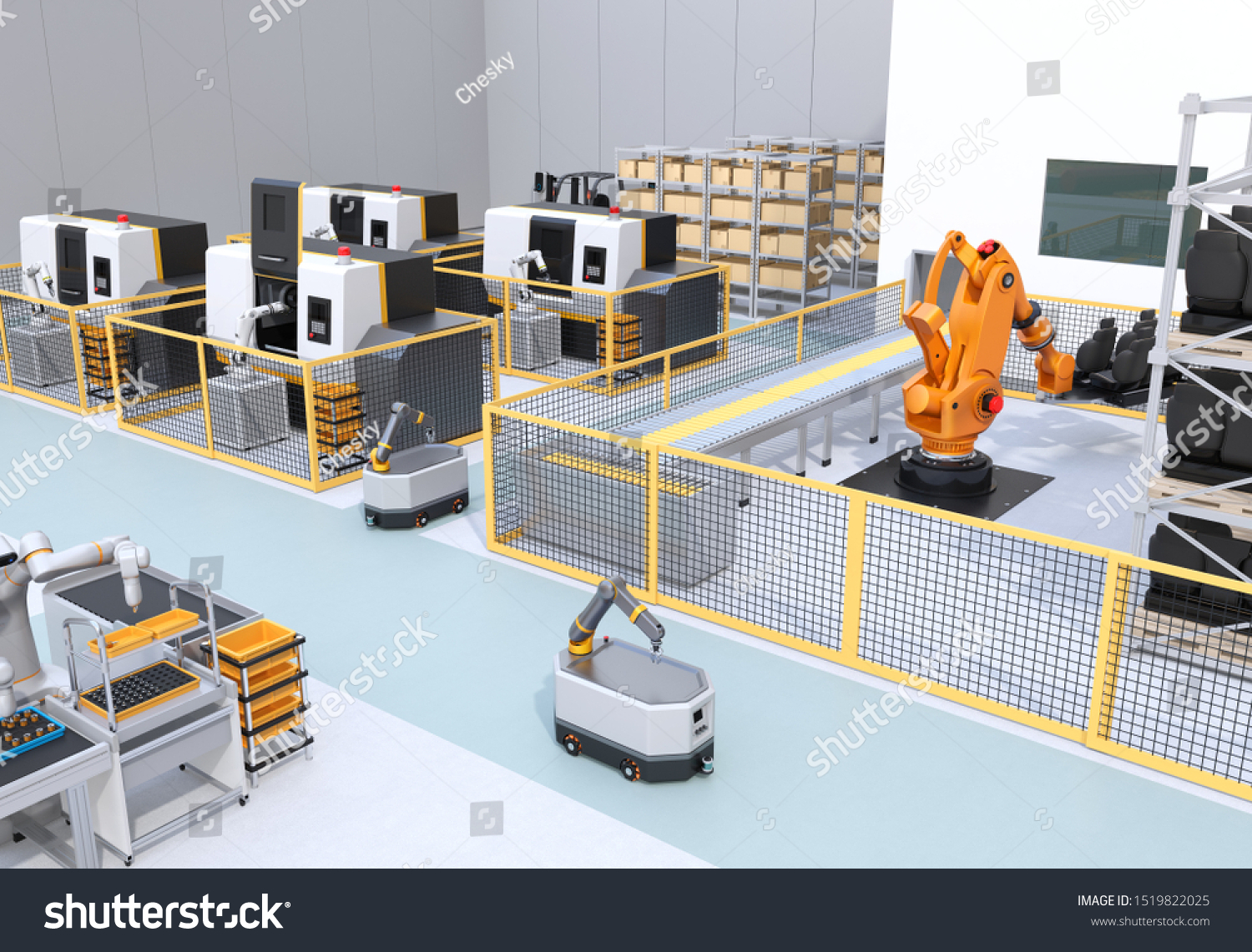 スマートな工場で 移動ロボット 双腕ロボット 重いペイロードロボットセル Cnc機械を搭載 3dレンダリングイメージ のイラスト素材