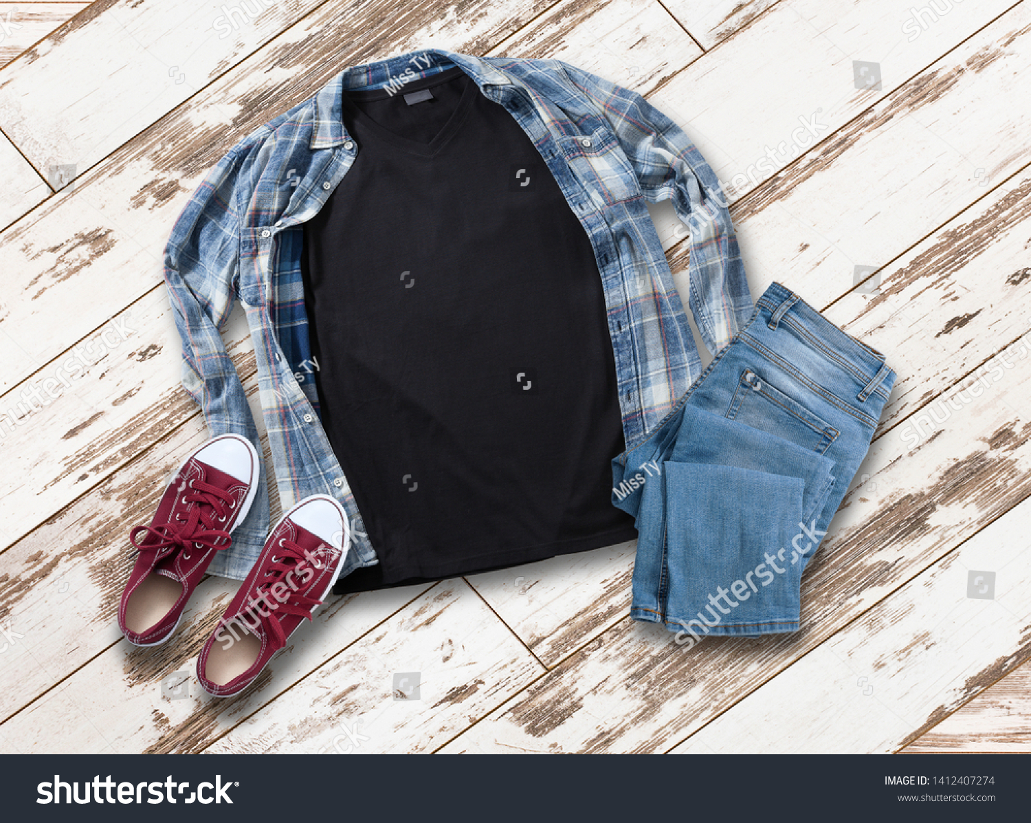 Download Mockup Blank Black T Shirt Jeans Stock Photo Edit Now 1412407274