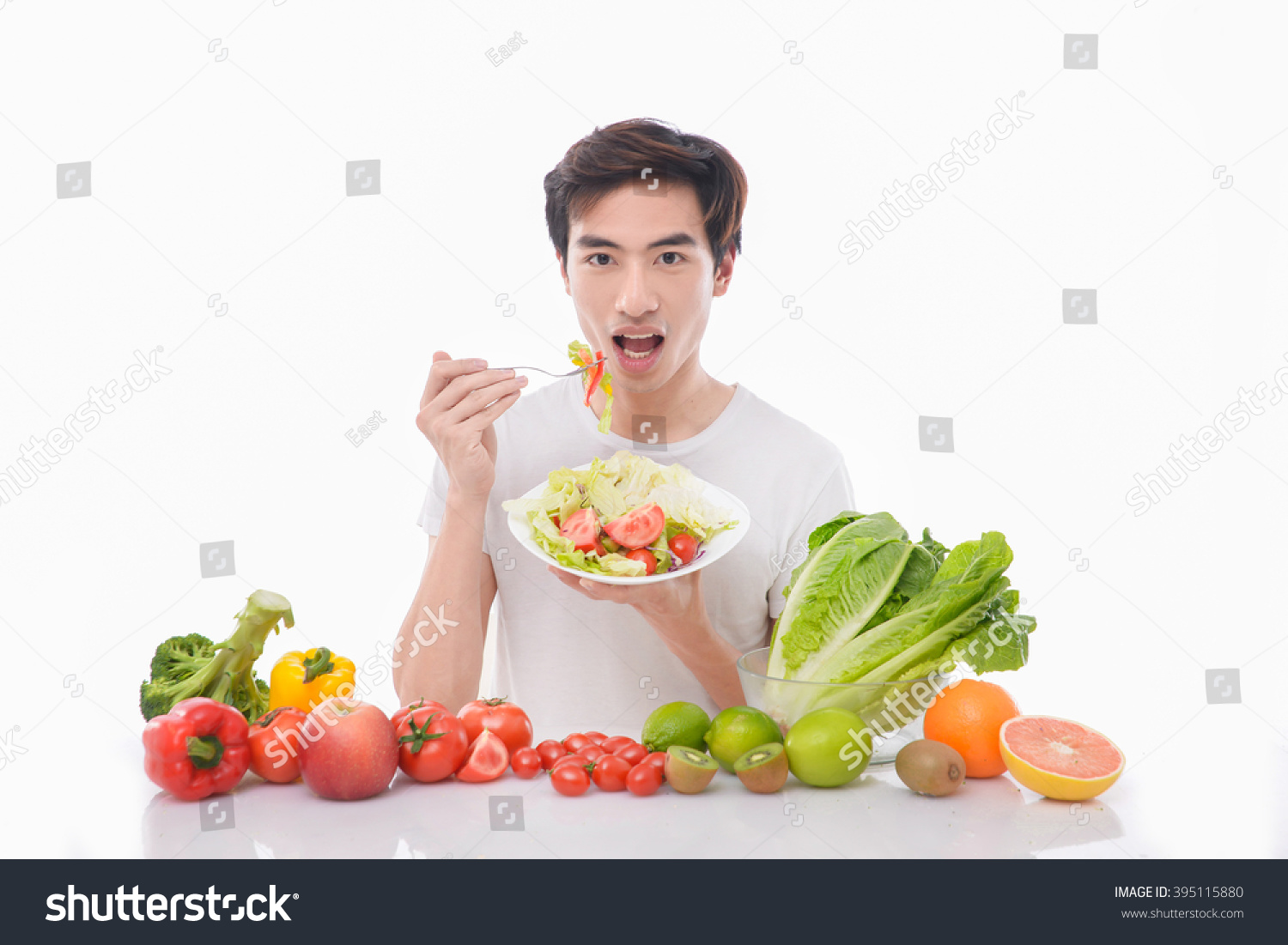 Model Fruits Vegetablescheerful Young Man Eating Stock Photo 395115880