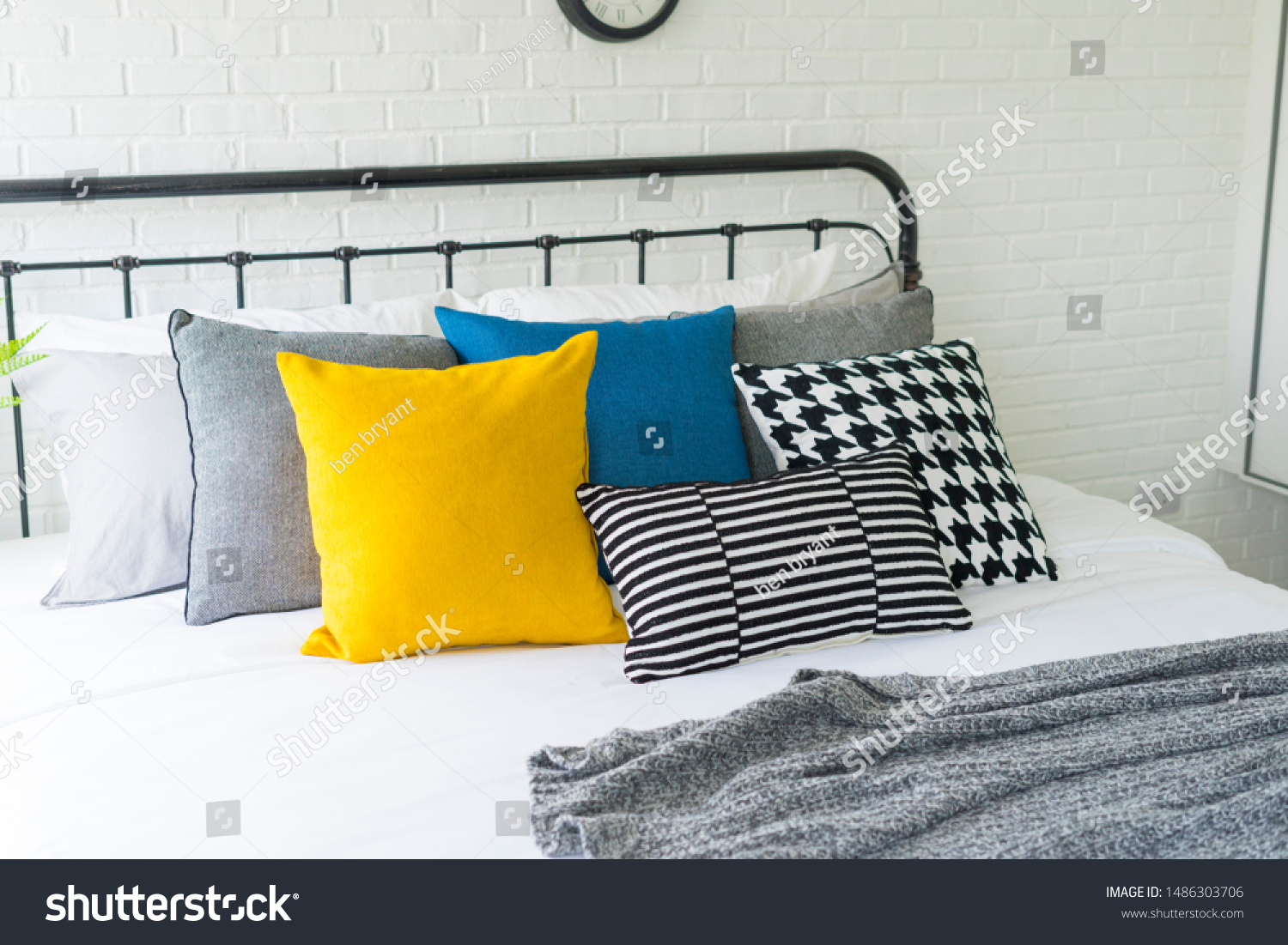 Modern Stylish Cozy Bedroom Yellow Blue Stock Photo Edit Now 1486303706