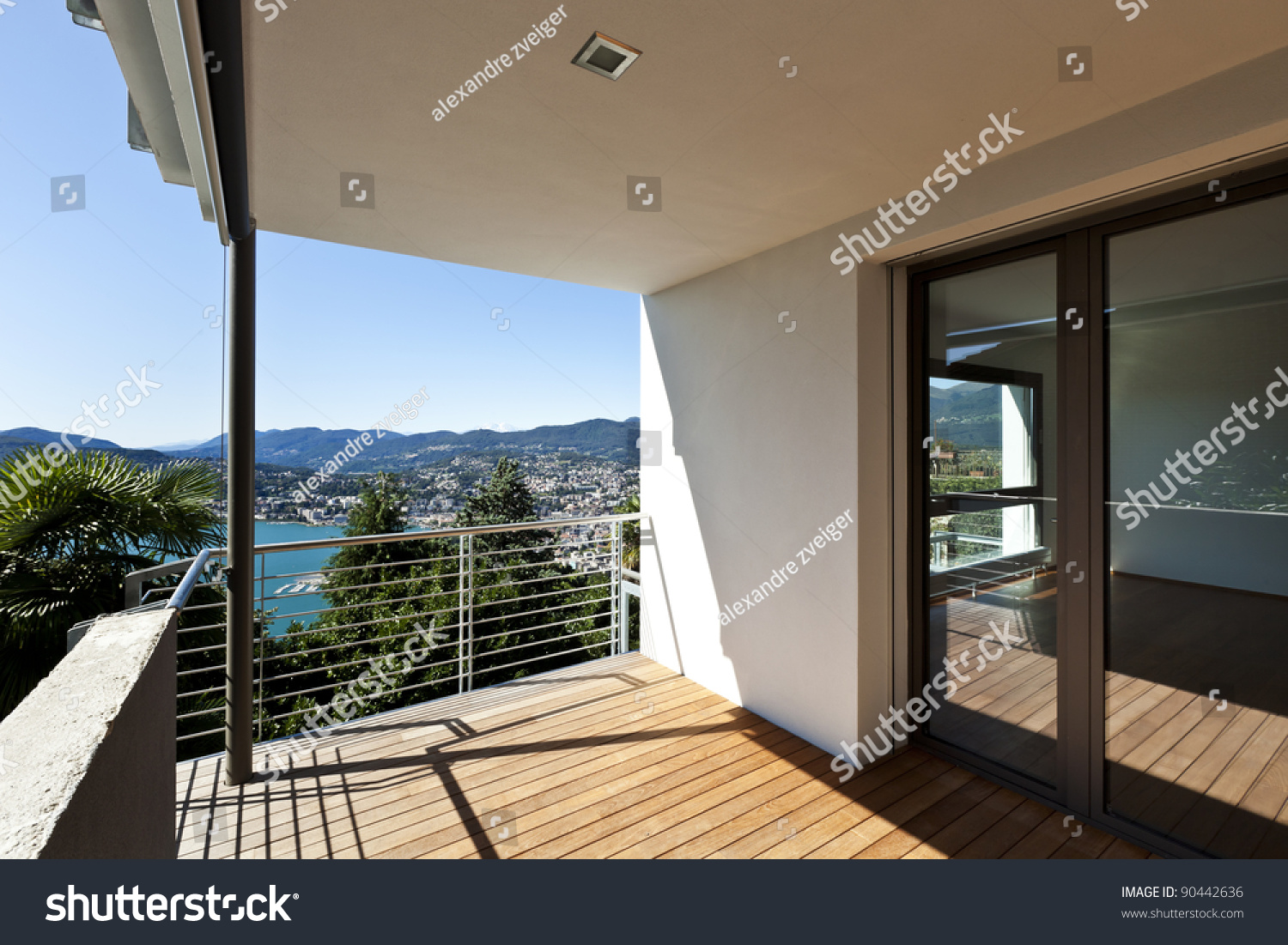 Modern Apartment Balcony Overlooking Lake Stock Photo 90442636