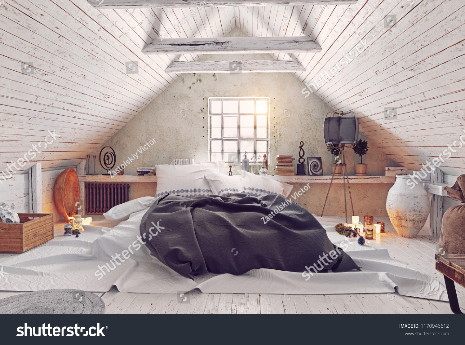 Modern Attic Bedroom Design 3d Rendering Stock Illustration 1170946612