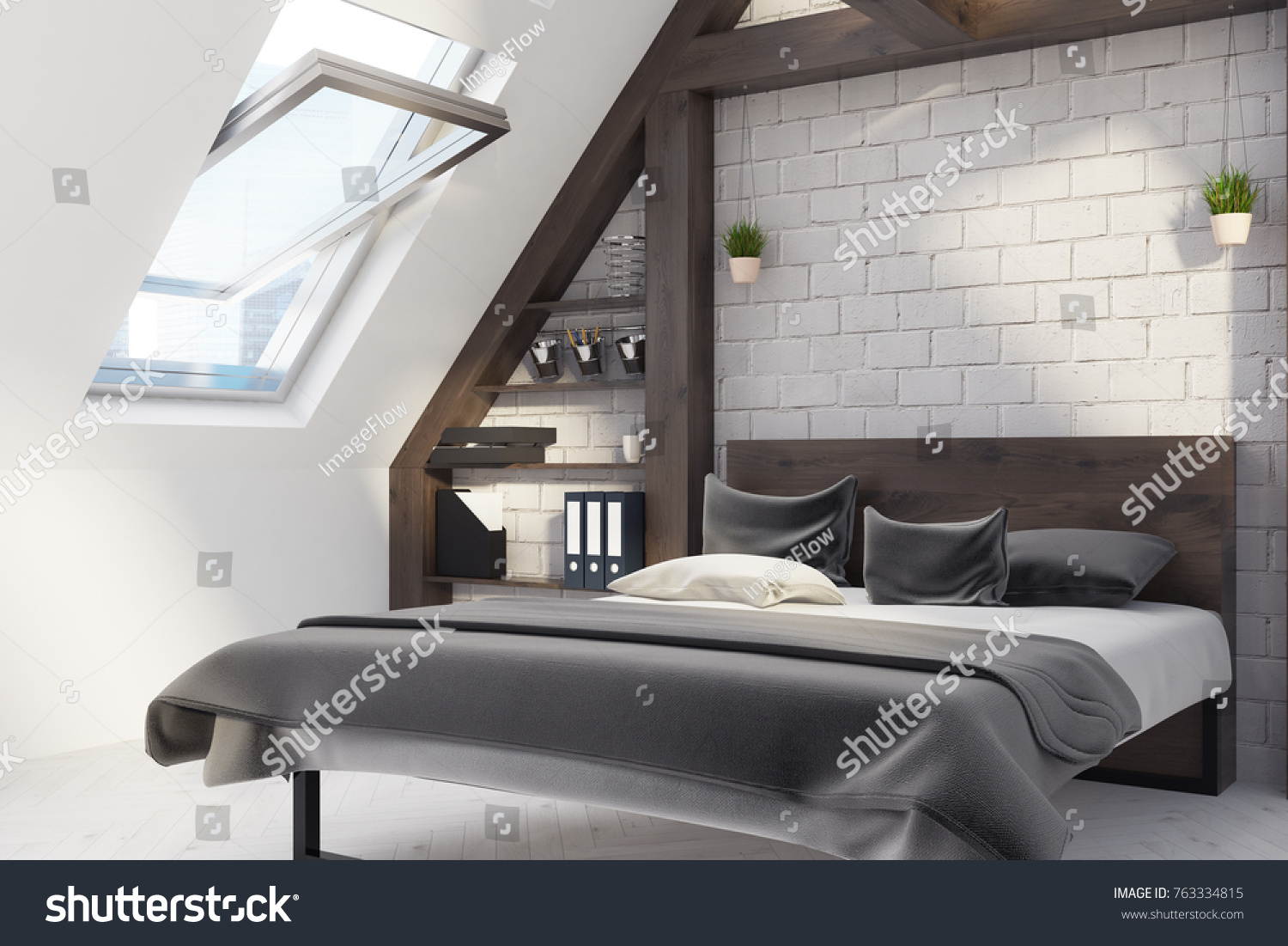 Modern Attic Bedroom Interior White Brick Stock Photo Edit Now 763334815