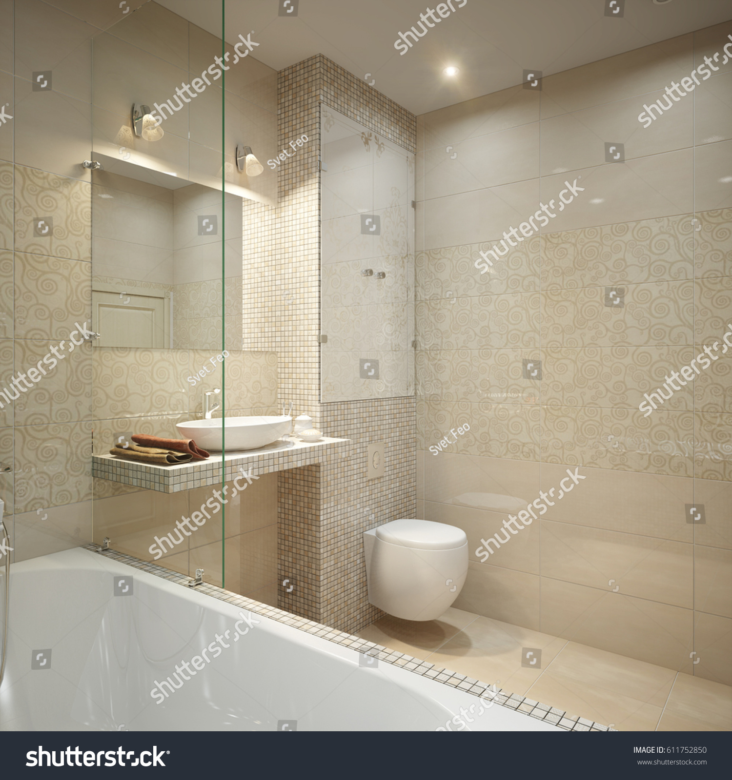 Modern Bathroom Interior Design Beige Marble Stock Illustration 611752850