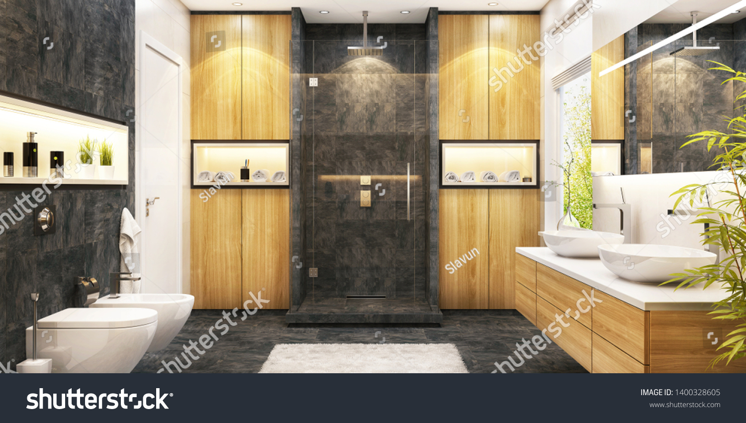 Modern Bathroom Black Granite Shower Large Stock Illustration ...