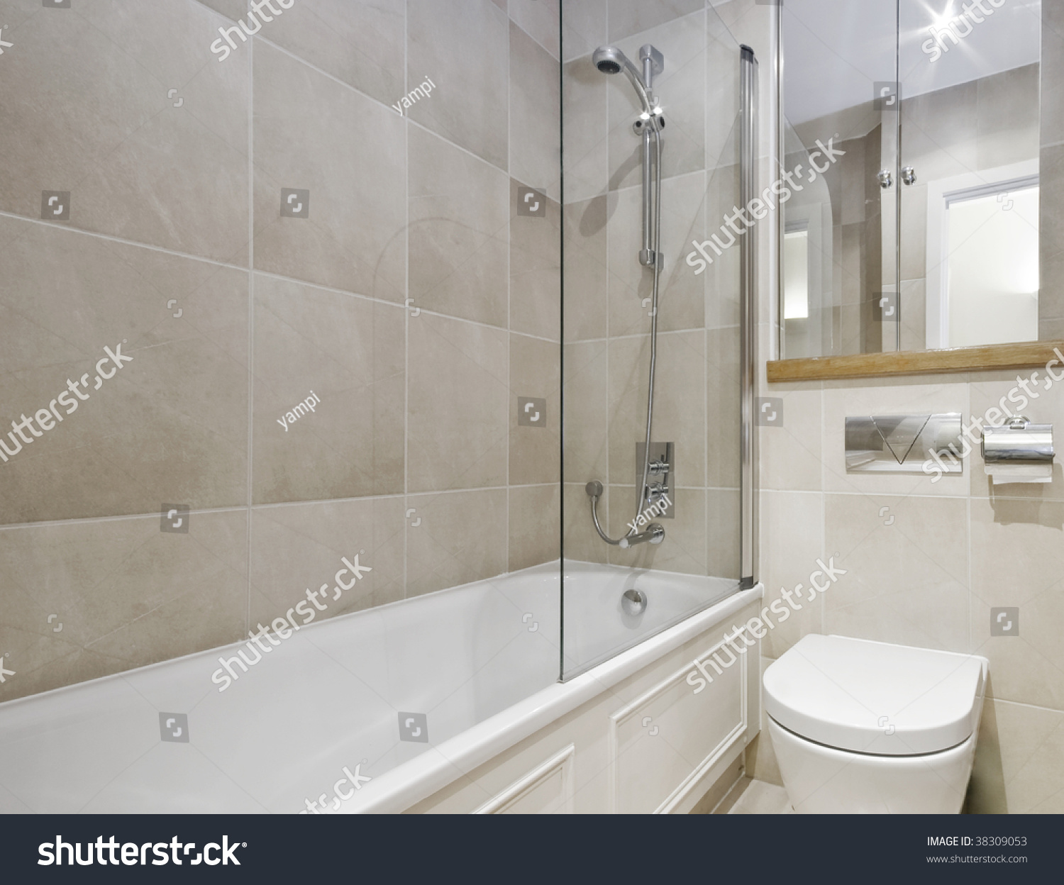 Modern Bathroom White Ceramic Appliances Beige Stock Photo