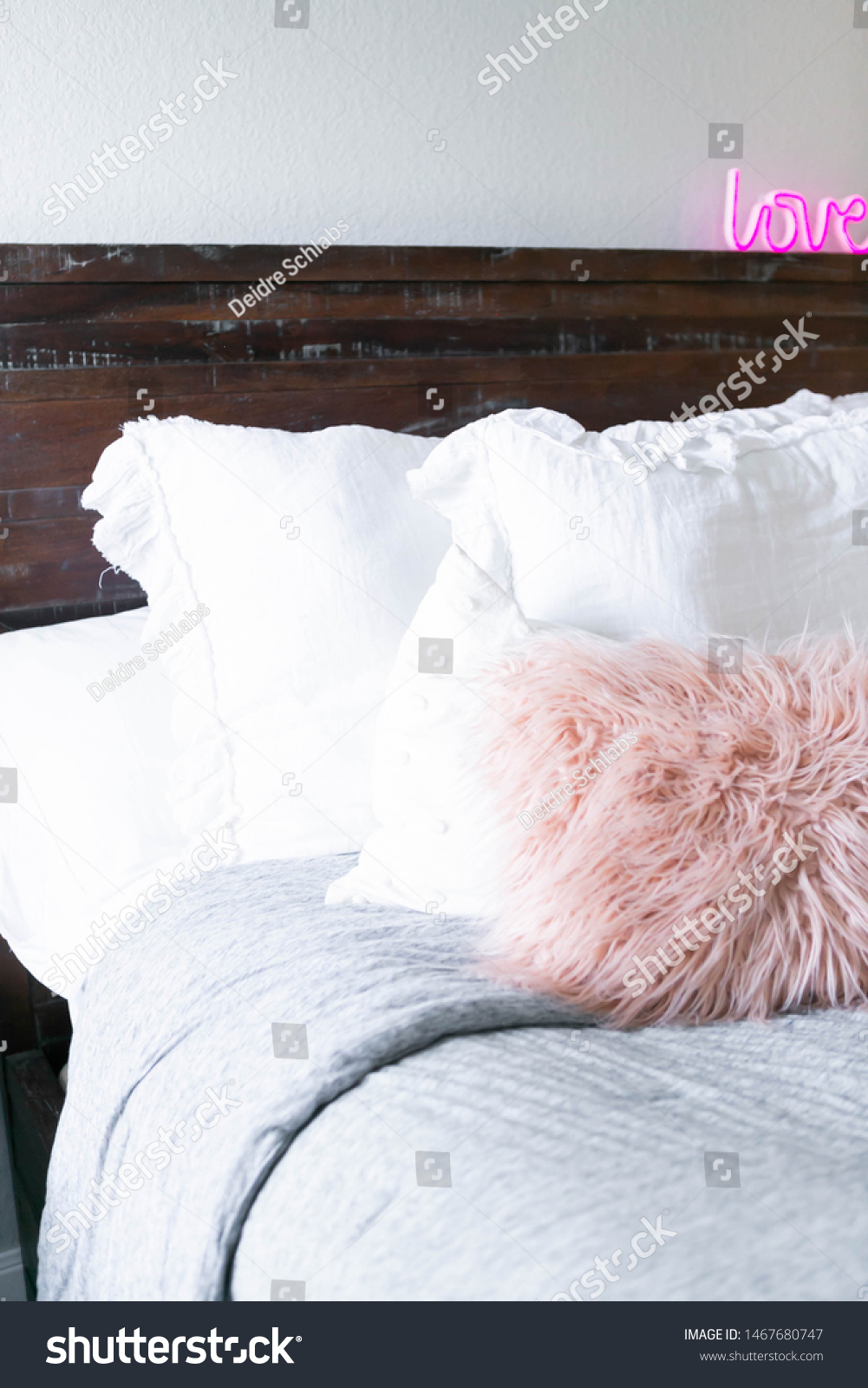 Modern Bed Decorative Pillows Neon Sign Stock Photo Edit