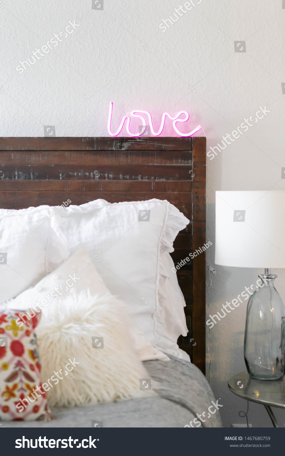 Modern Bed Decorative Pillows Neon Sign Stock Photo Edit