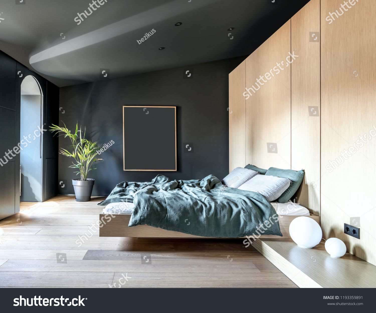 Modern Bedroom Dark Walls Parquet On Stock Photo Edit Now 1193359891
