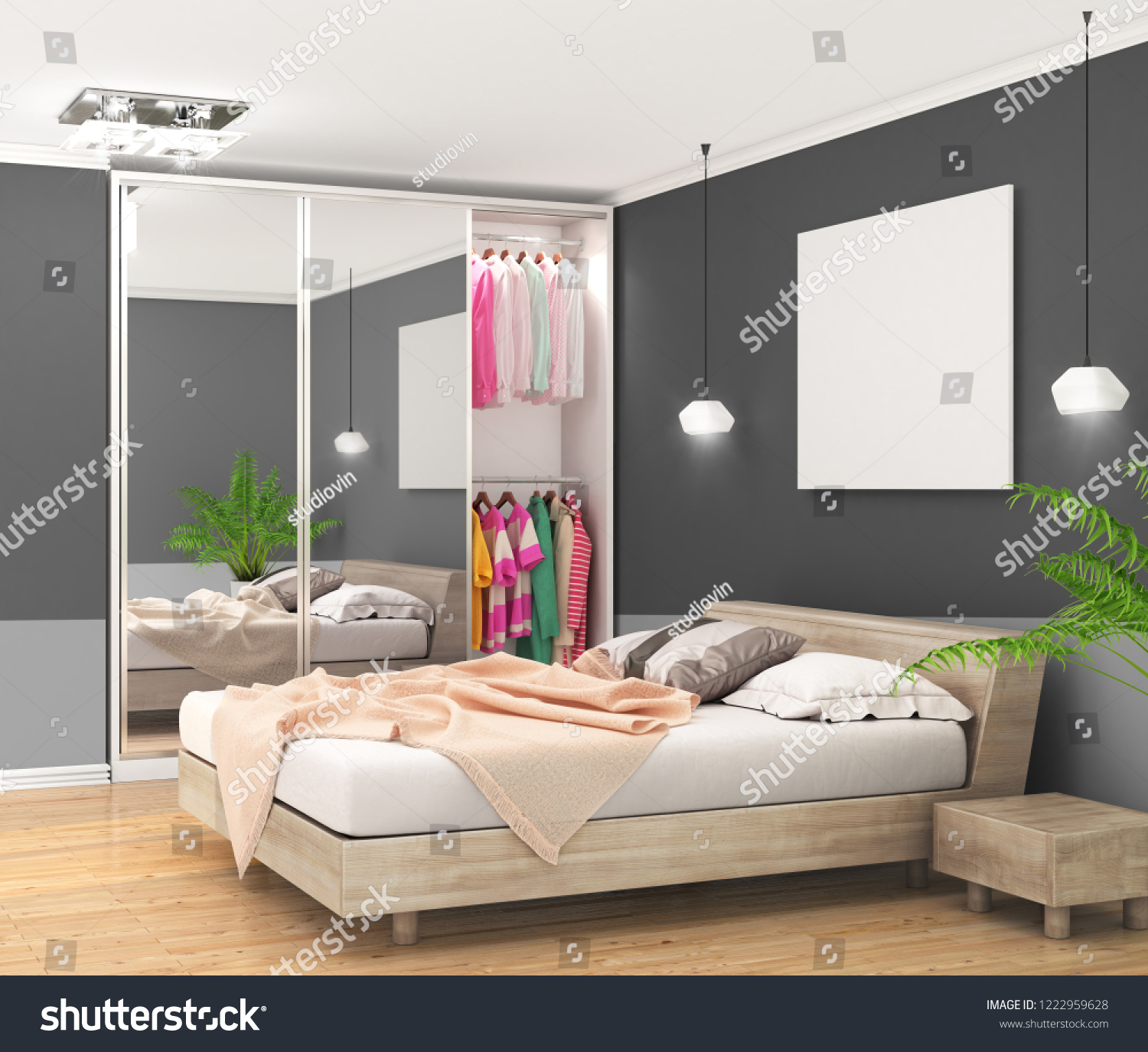 Modern Bedroom Dark Walls Large Closet Stockillustration