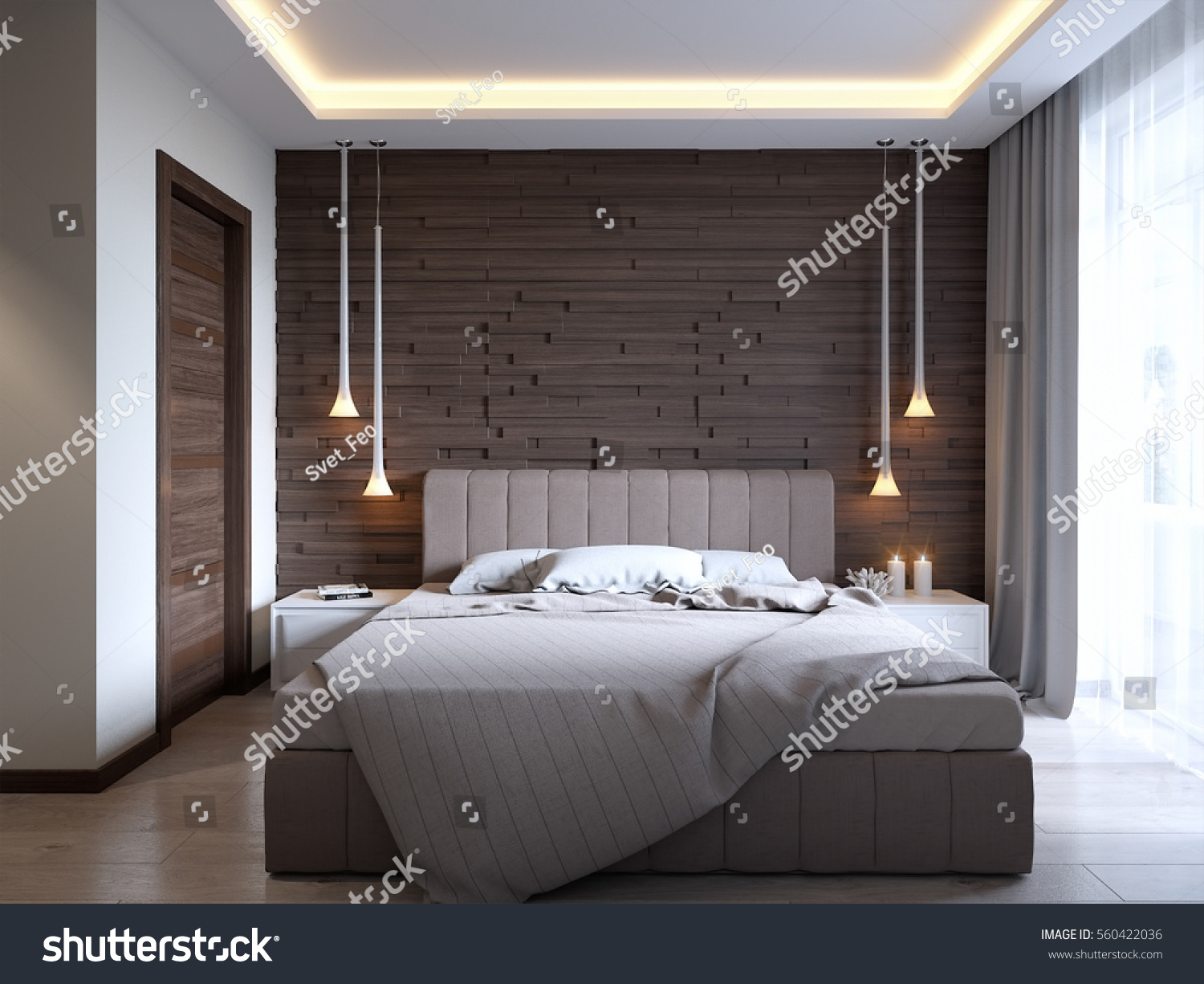 Modern Bedroom Wooden 3d Panels On Stock Illustration 560422036