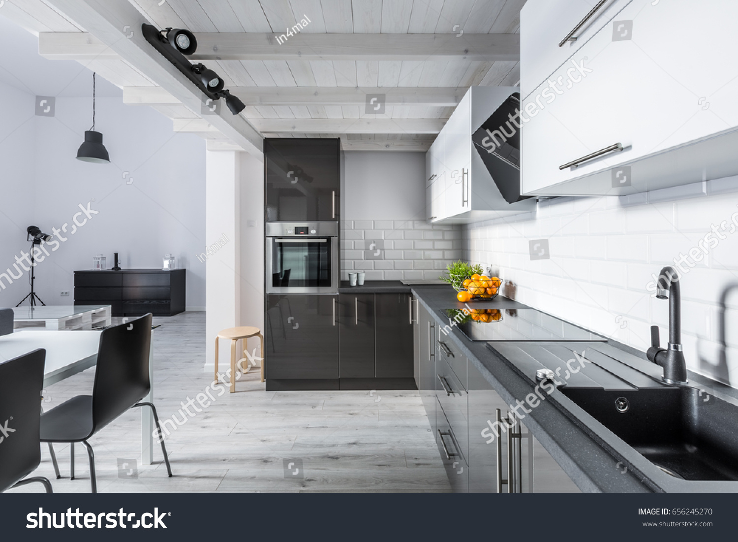 Modern Black White Kitchen Rustic Ceiling Stock Photo Edit Now