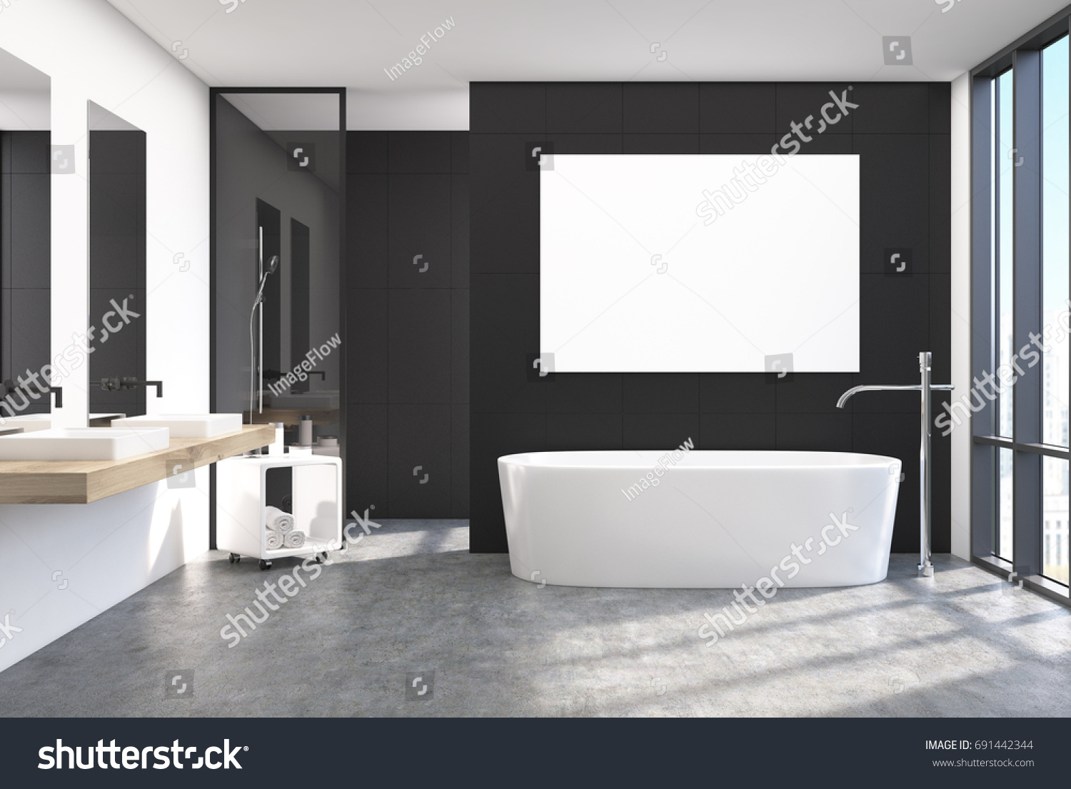 Modern Black Bathroom Interior Loft Window Stock Illustration 691442344
